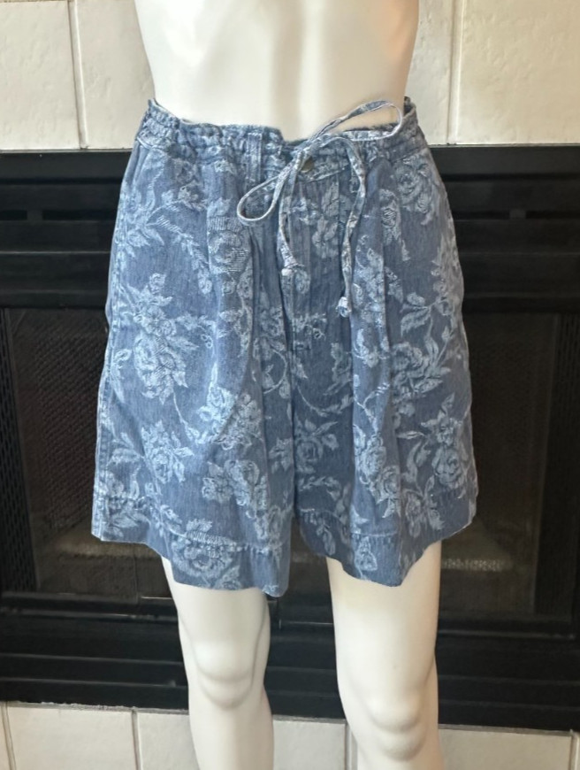 Vtg Blue Blues B Etc. 100% Cotton Roses acid print Shorts size 12 waist 29″
