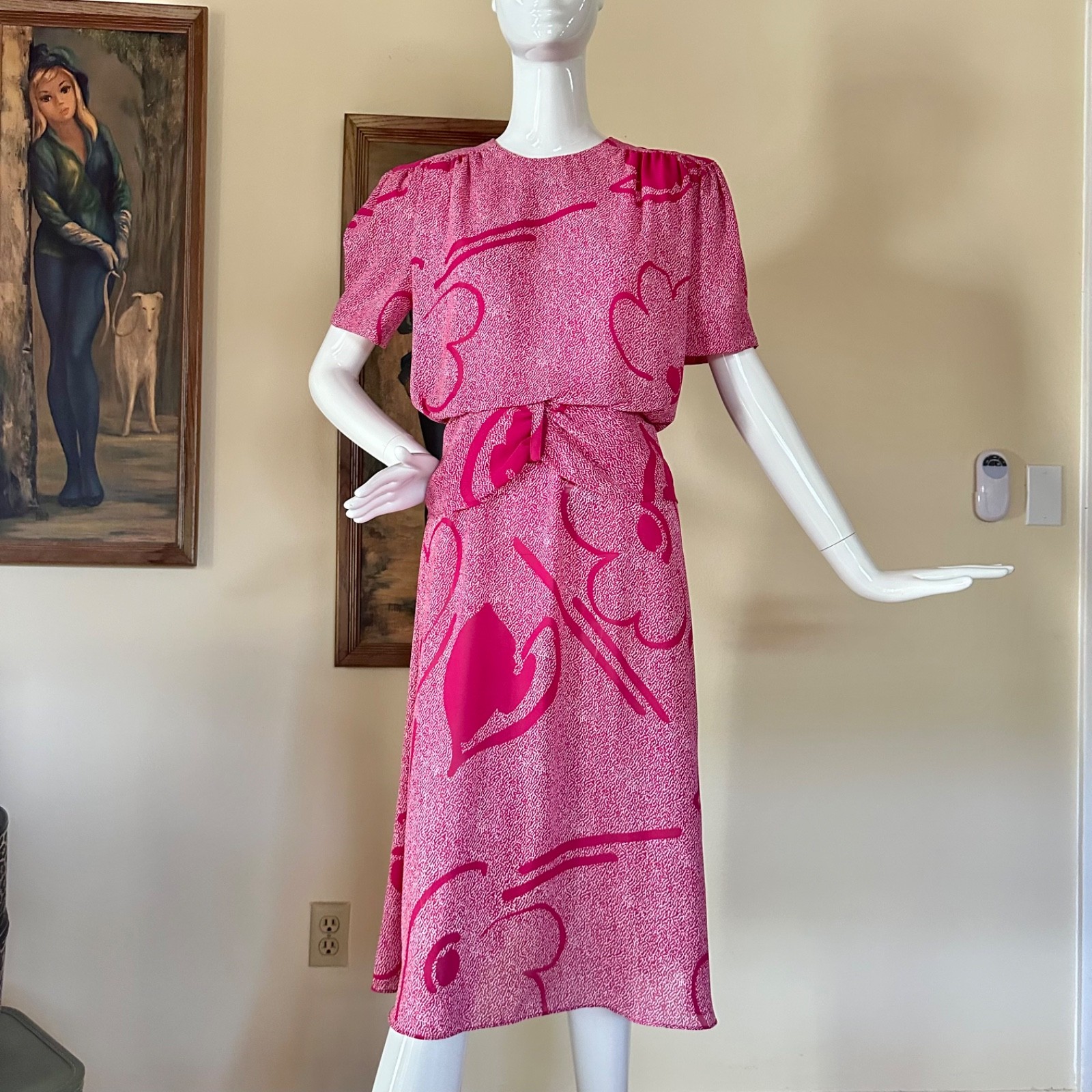 Vintage 1980s New Wave Cartoon Hearts Blouson Peplum Short Sleeve Day Dress M