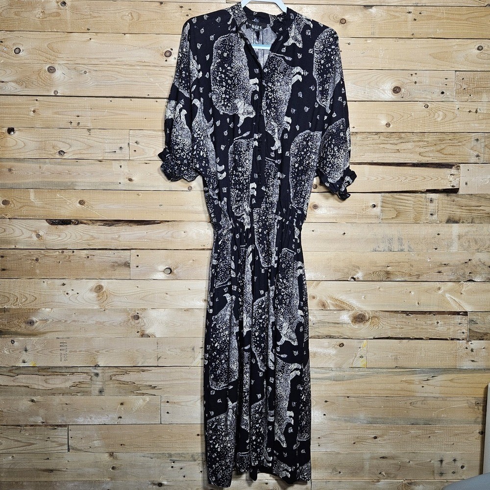 Vintage PJ Walsh New York Animal Print Maxi Shirt Dress ILGWU Black White Small