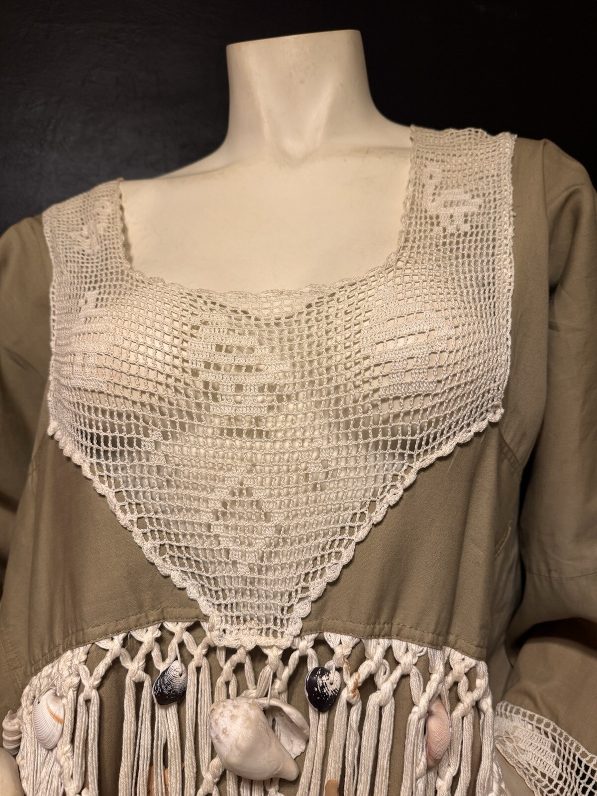 Vintage 80 Crochet Ribbon Dress Opus 1 Khaki Cotton Poplin Macrame & Sea Shells