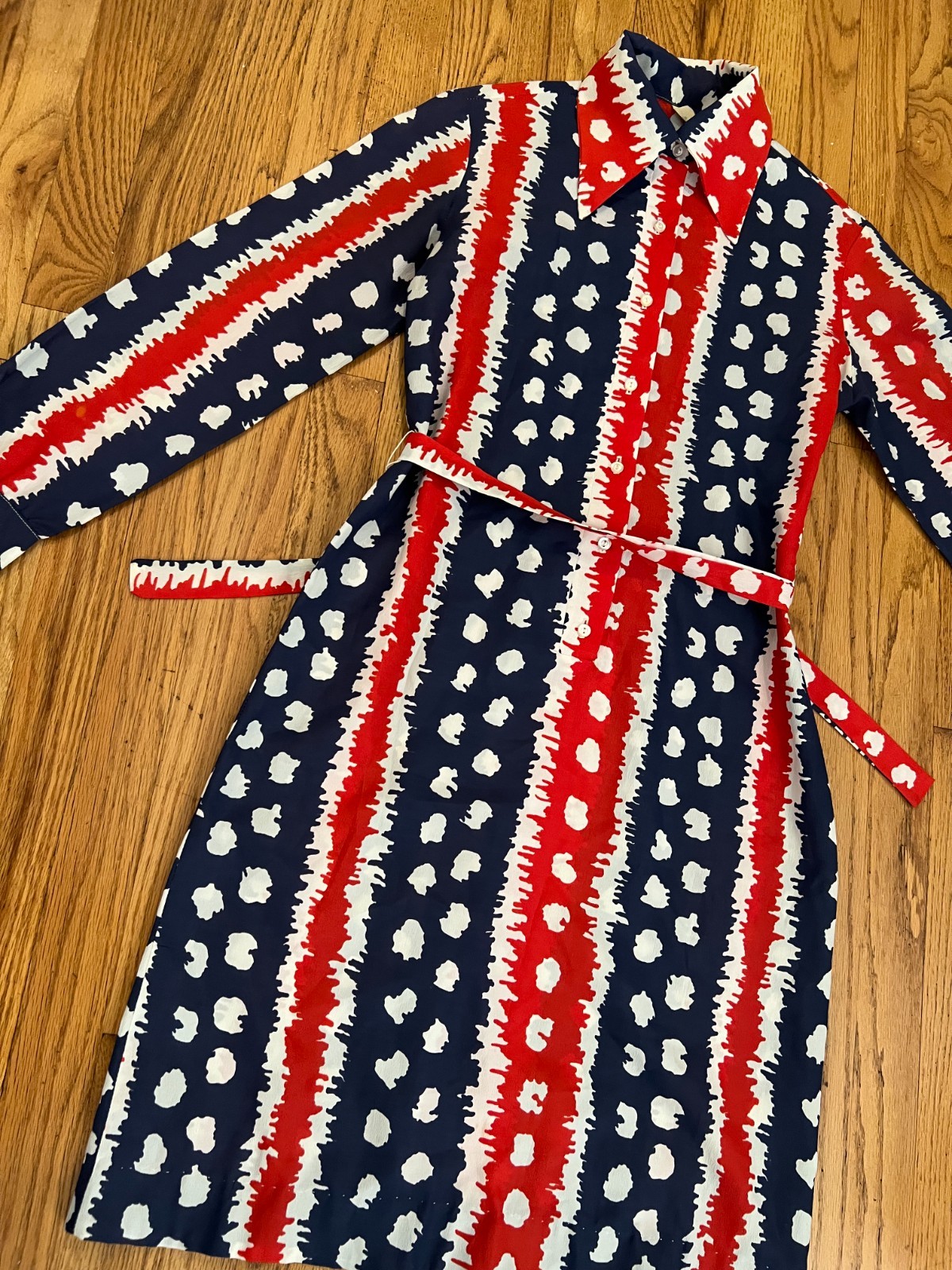 VTG 50s-60s Fritzi San Francisco Midi Dress Large Belted Wrap Tie Red/White/Blue
