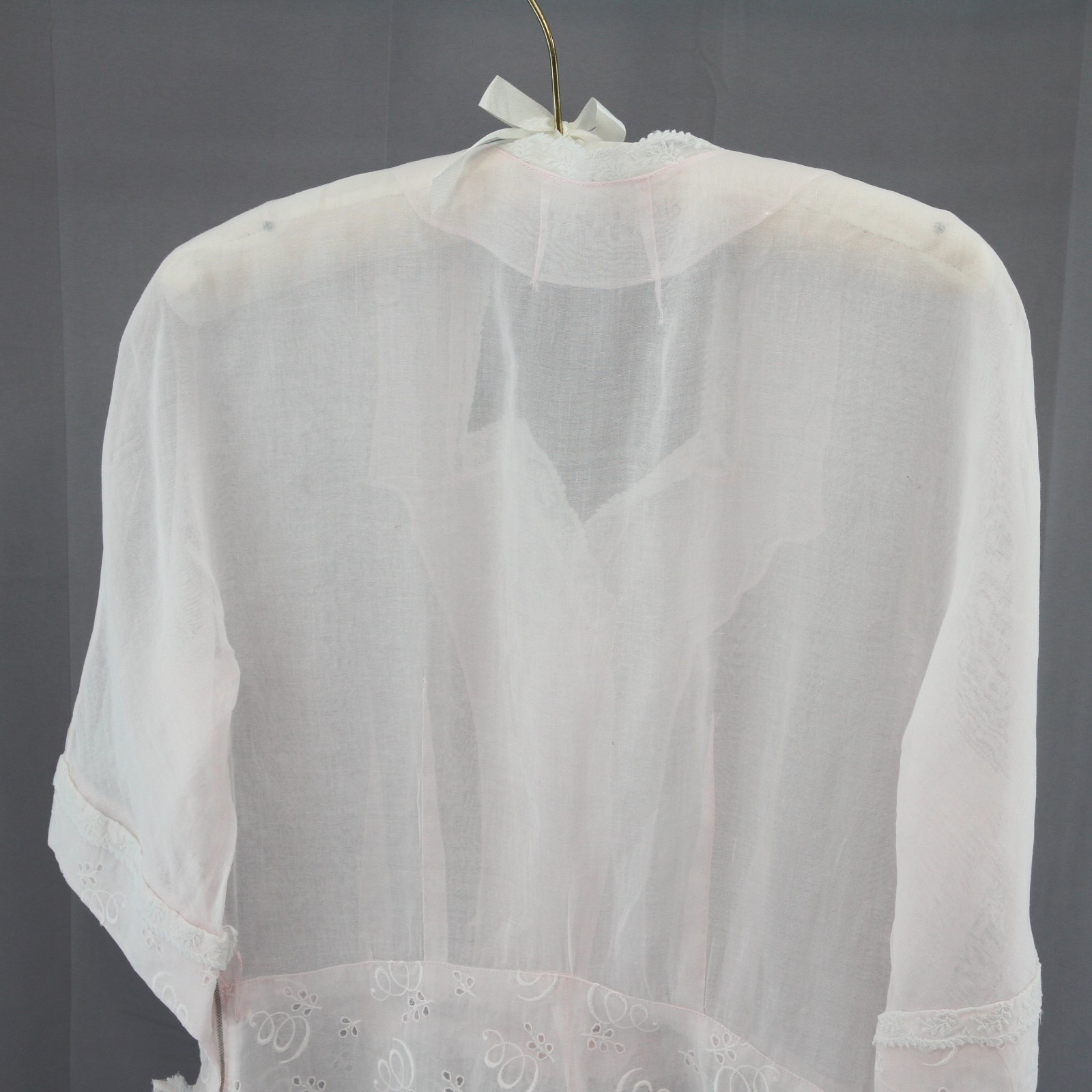 Vintage 1940s-50s Pink Organdy Embroidered Dress Lace Trim Hand Sewn Hem