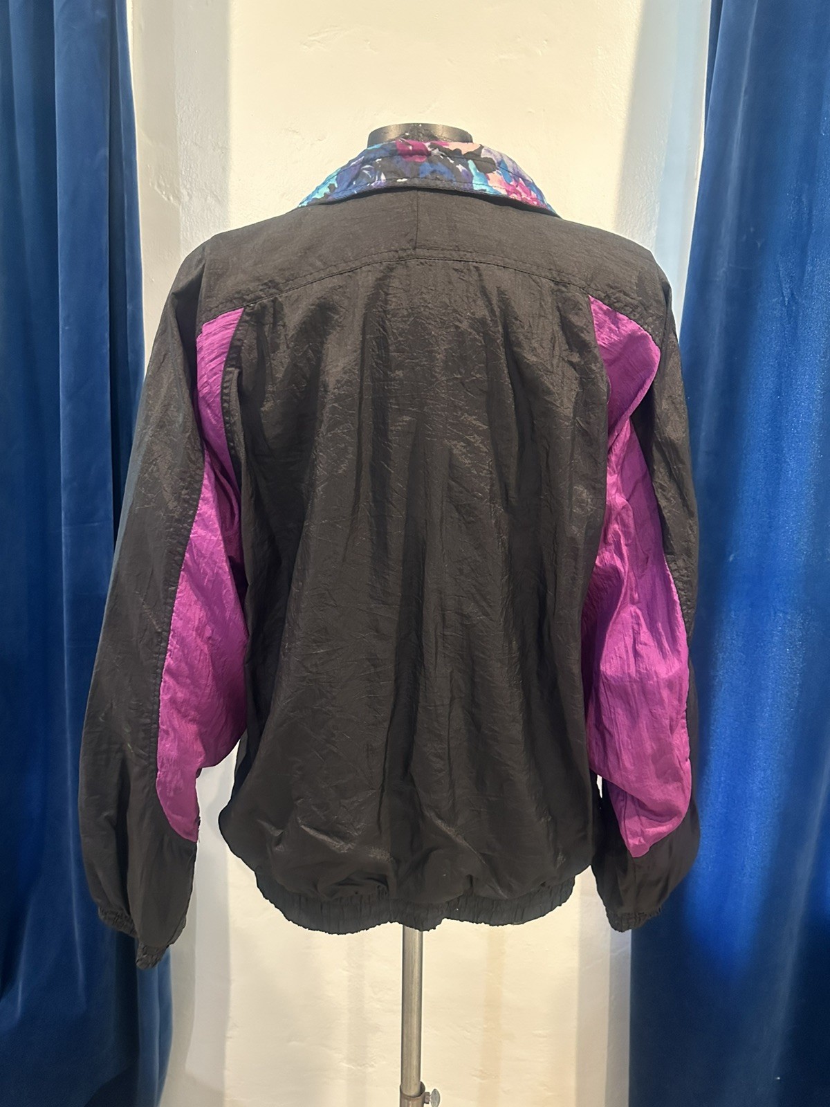 Custom Basic Editions L Windbreaker Jacket Coat Black Floral Purple DIY VTG