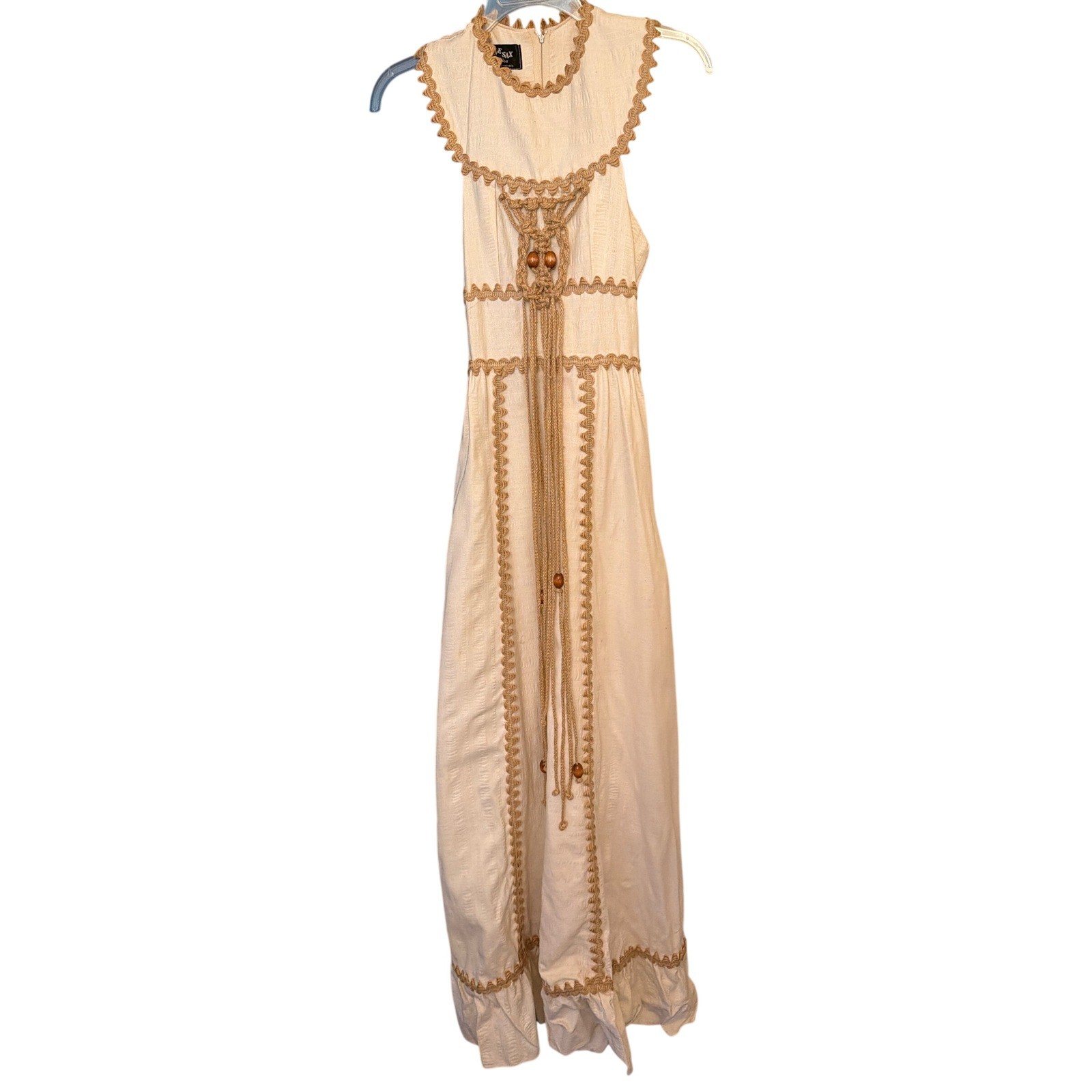 Gunne Sax Maxi Dress Cream Tan 308 Vintage 70s Macrame Wood Bead Ricrac Cotton 5