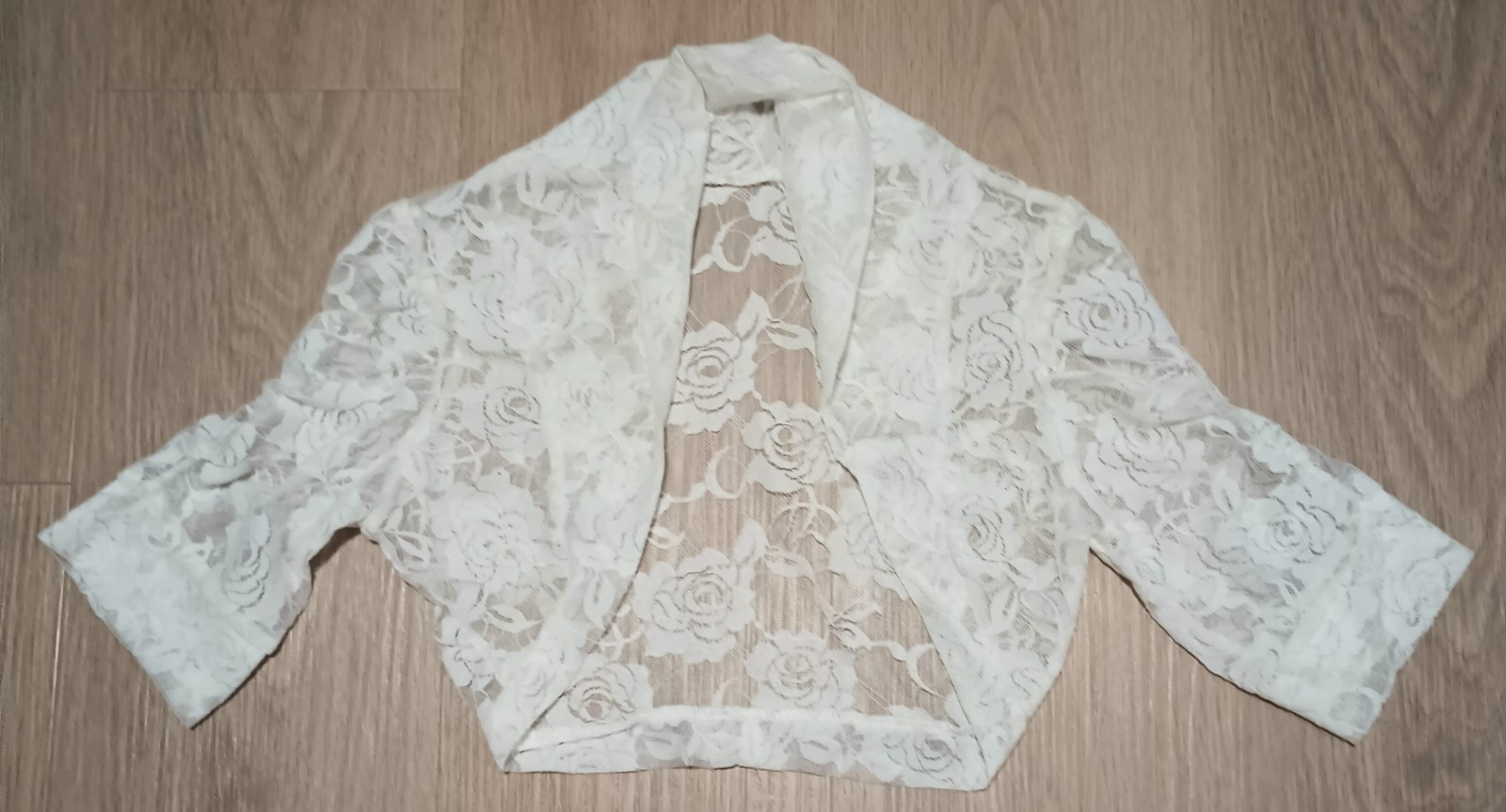 Vtg Stretch Sheer Rose Floral White Lace Shrug Bolero Jacket Top glam XS