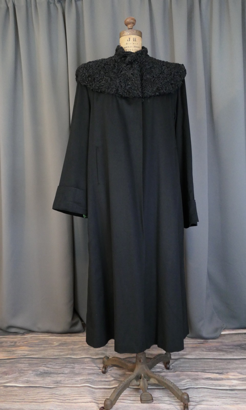 Vintage 1940s Black Wool Coat Winter with Persian Lamb Fur Collar, 40 inch bust