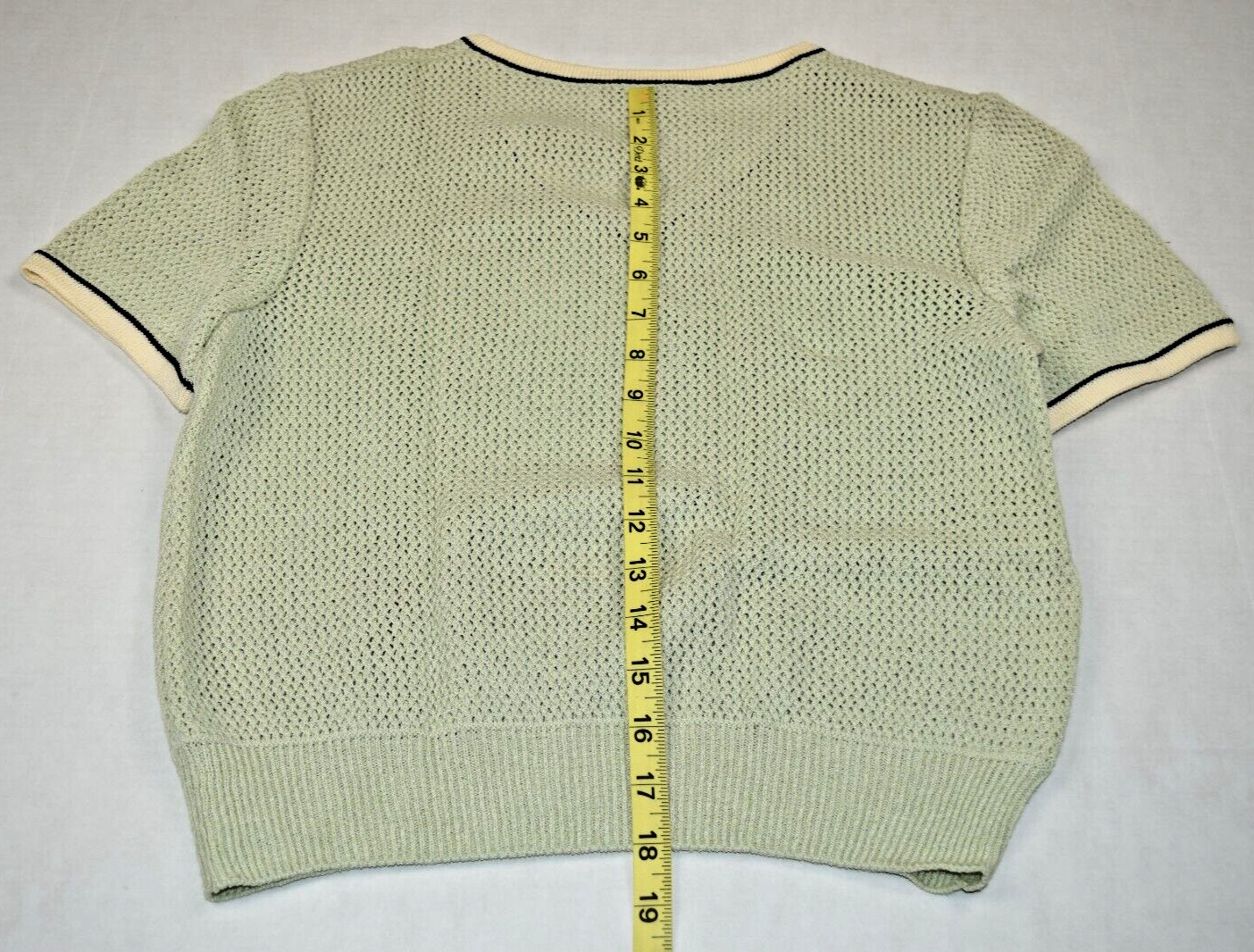 Vintage St John Knit Sweater Size S/M 80s Pale Mint Green Ivory Black Trim