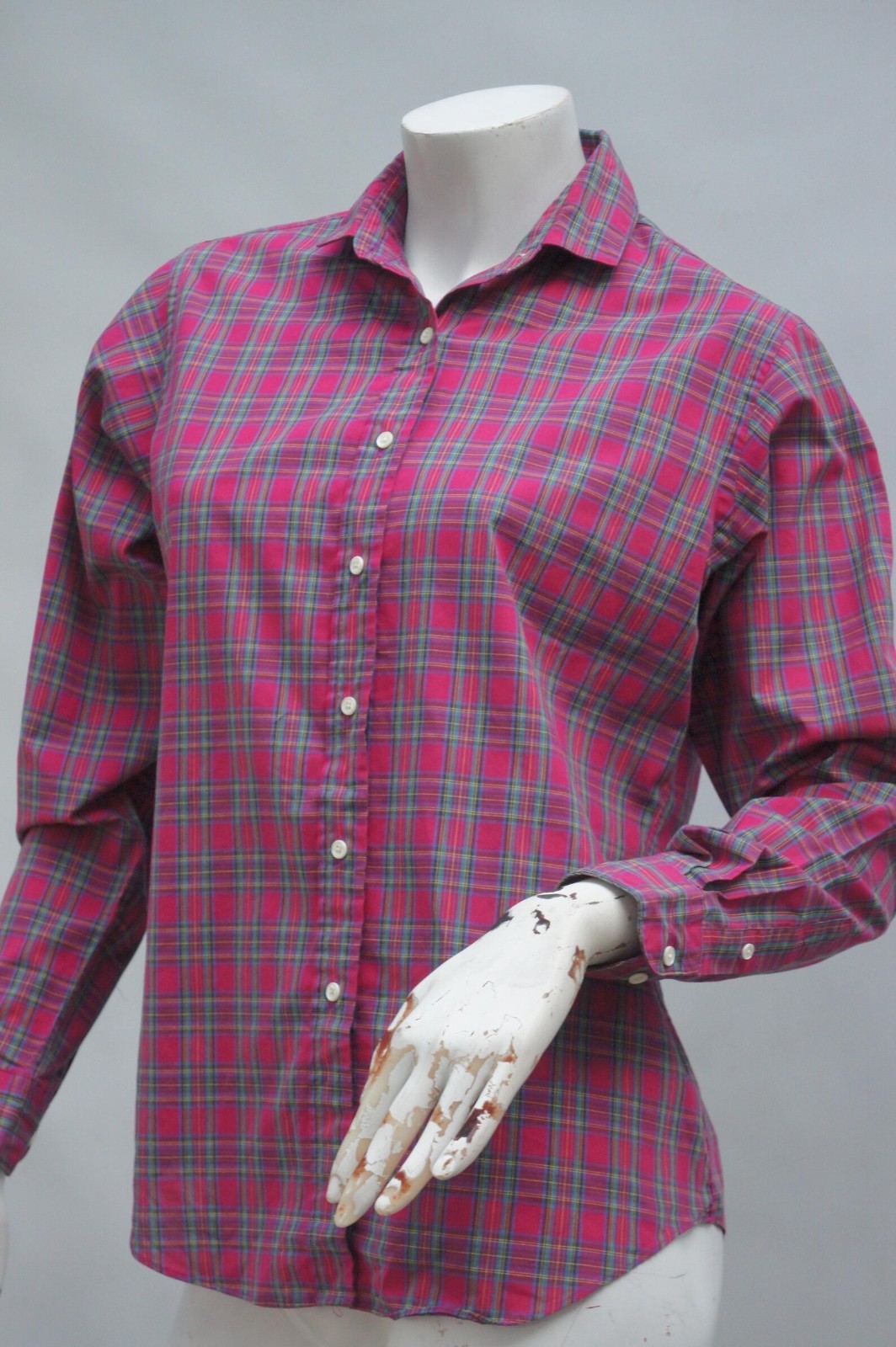 Vintage 70s-80s Women’s Lands End Red Plaid Check Blouse Button Down Shirt Size