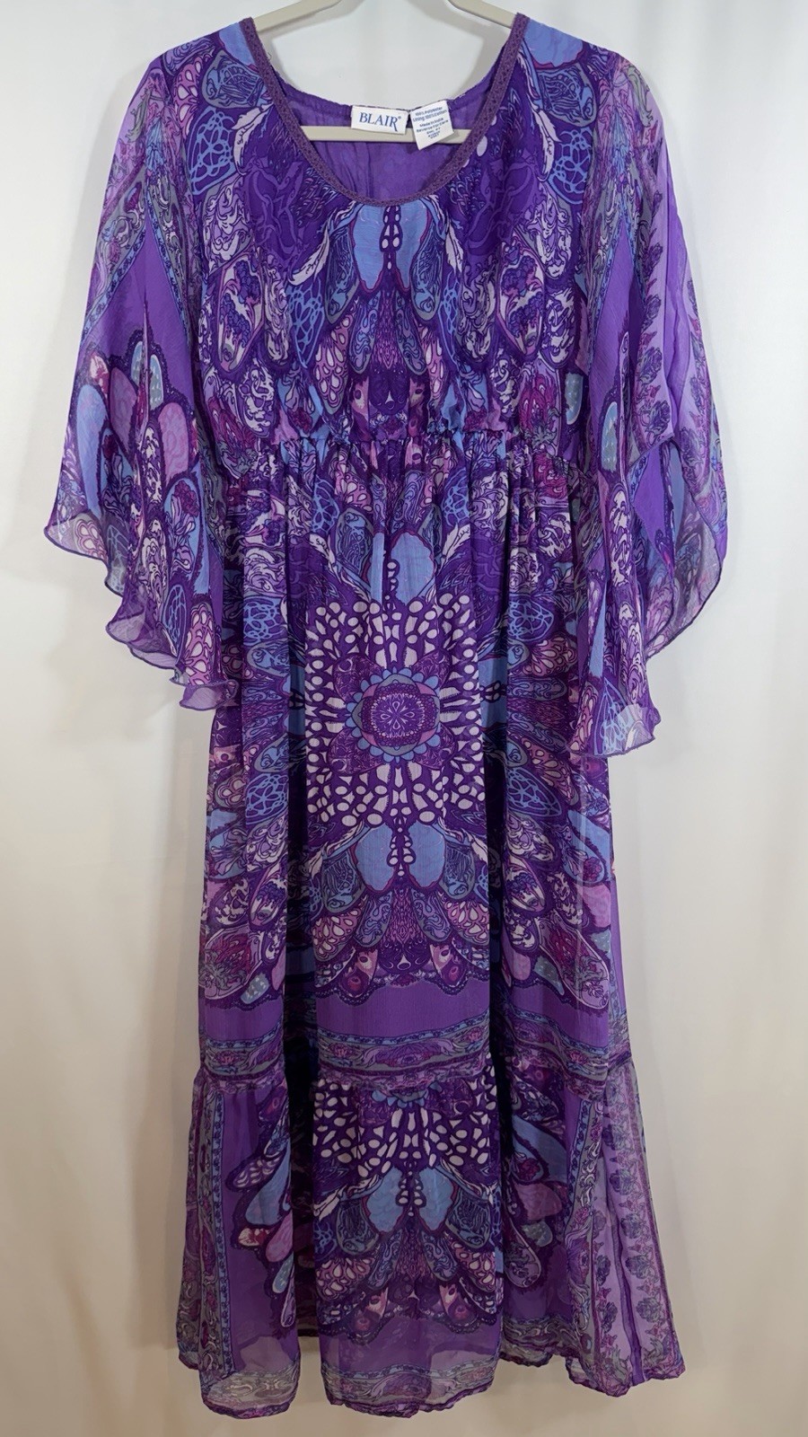 Vtg BLAIR Purple Chiffon Maxi Dress Sz Sm Petite Paisley Boho Butterfly Fairy
