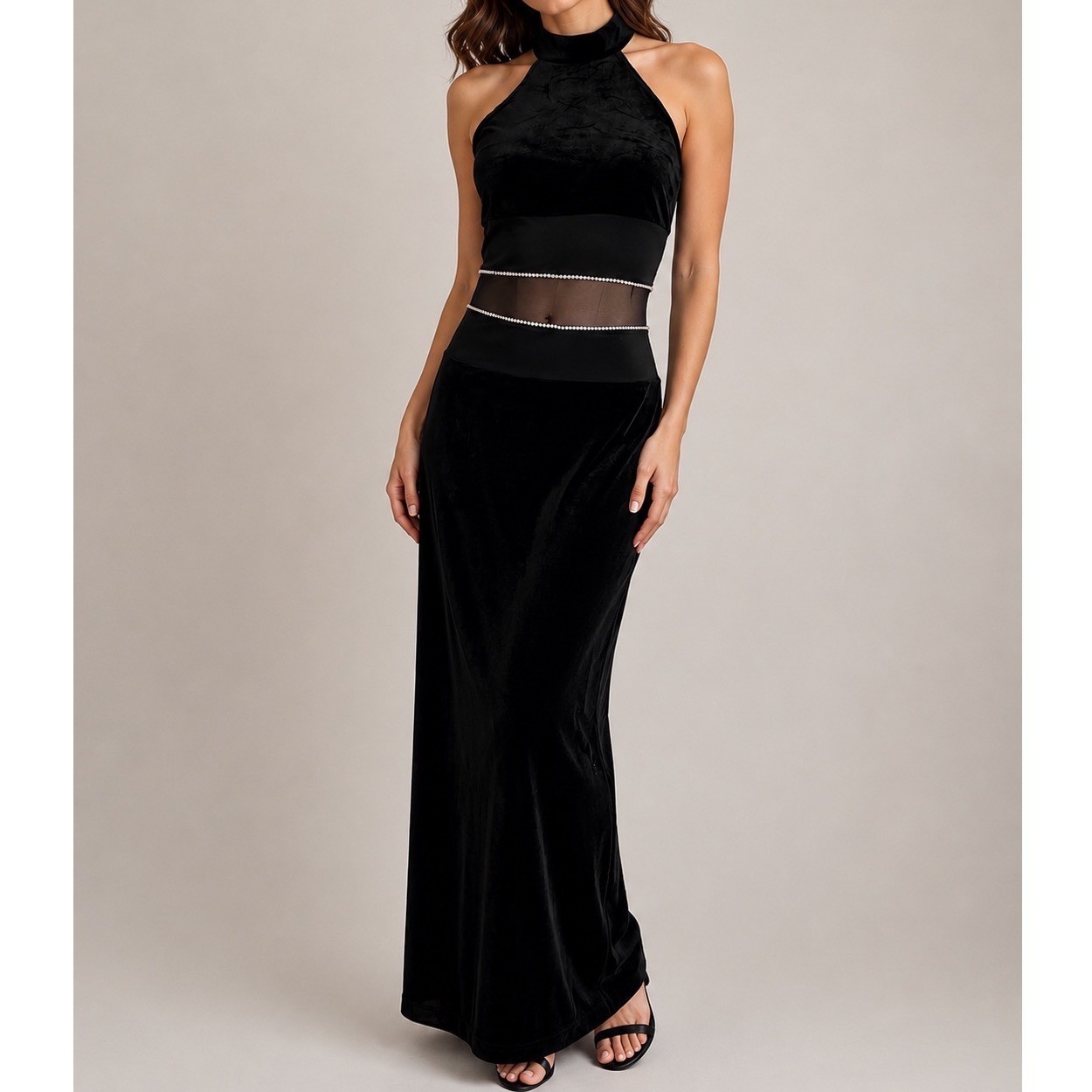 Scott McClintock Vintage Black Velvet Halter Maxi Column Gown Rhinestone Mesh 10