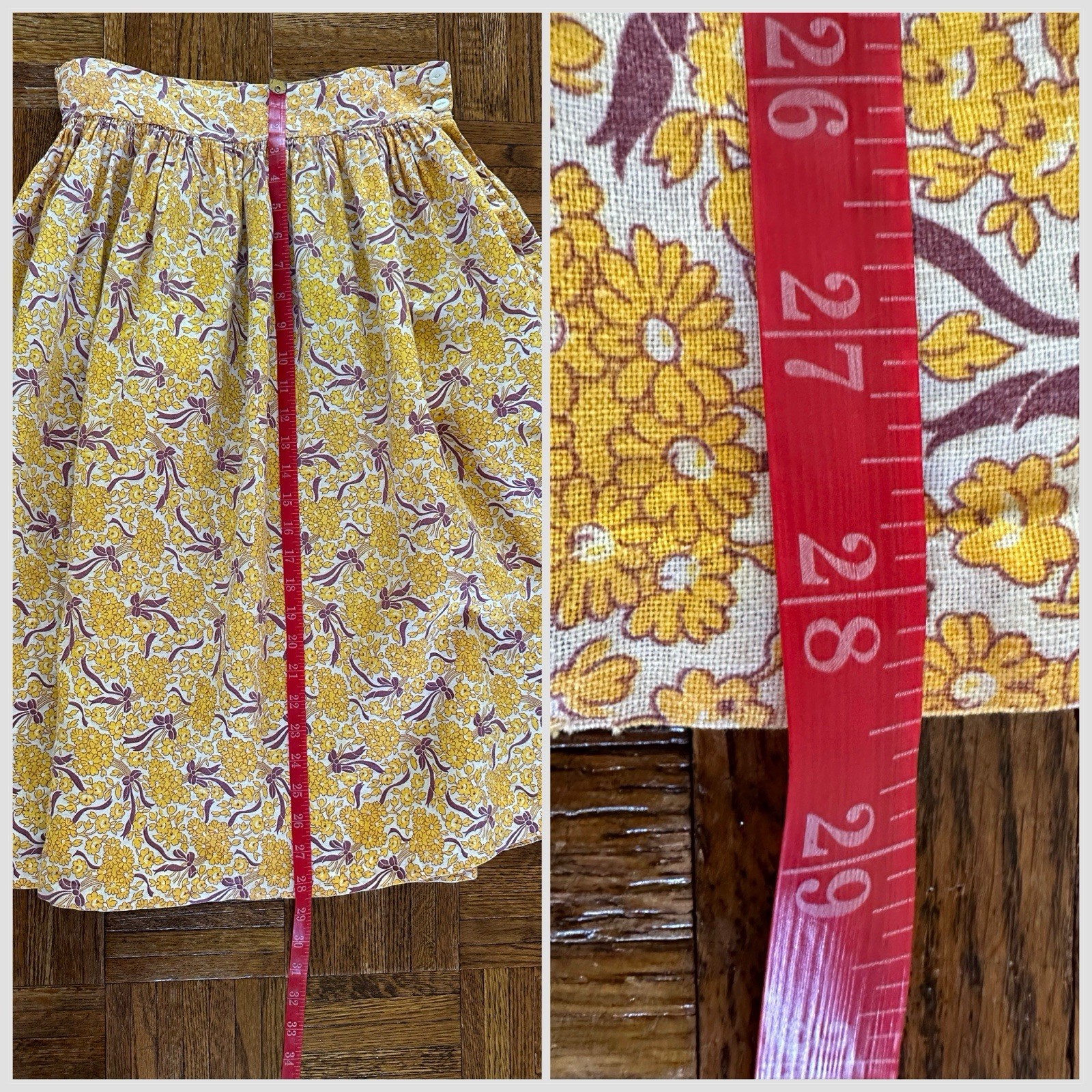 1930s 40s Feed Sack Skirt 28” Waist Yellow Floral Bows Fabric Cotton Prairie VTG