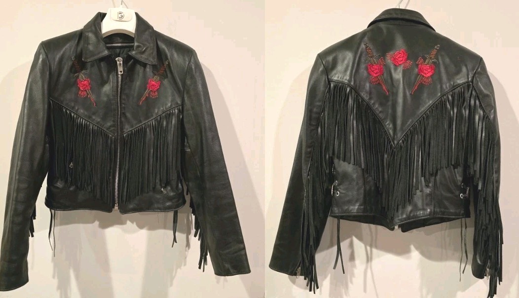 Vtg Park V Leather Fringe Moto Rockstar Jacket W/Rose Dagger Embroidery 10 USA🔥