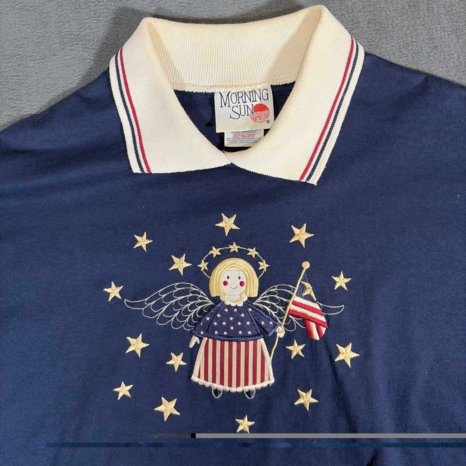 VTG 90s Morning Sun Women’s Patriotic Angel Polo Shirt L Jerzees Grandmacore USA