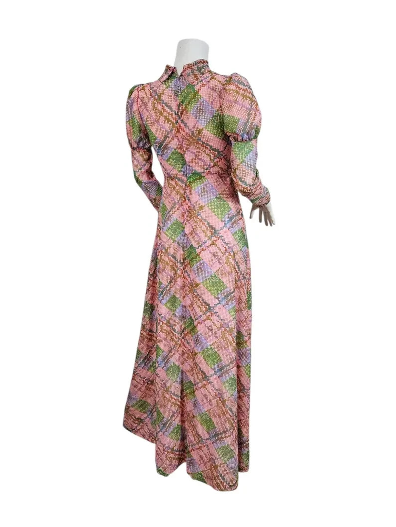 1970s Pink Green Pixelated Plaid Nylon Maxi Dress I Sz Sm I Leg o Mutton Sleeves
