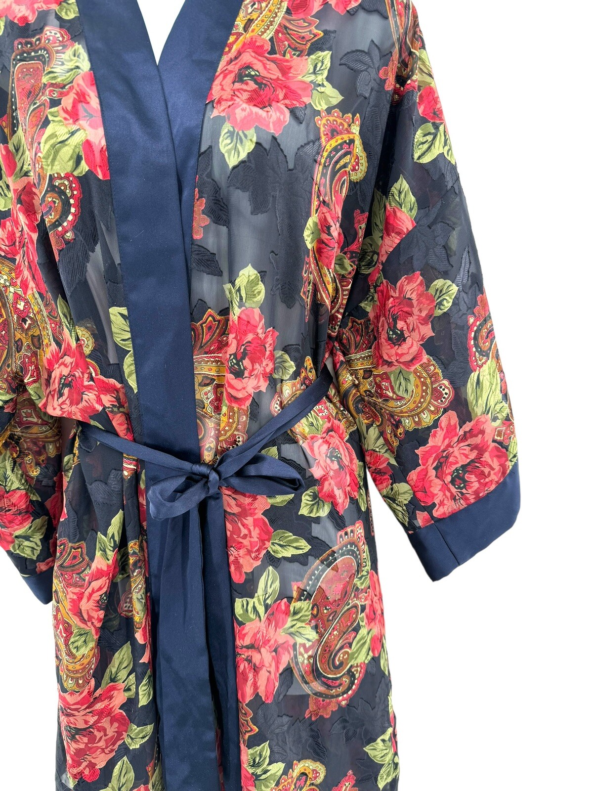 Vintage 80s VS Gold Label Poly Chiffon Floral Brocade Jacquard Kimono Robe