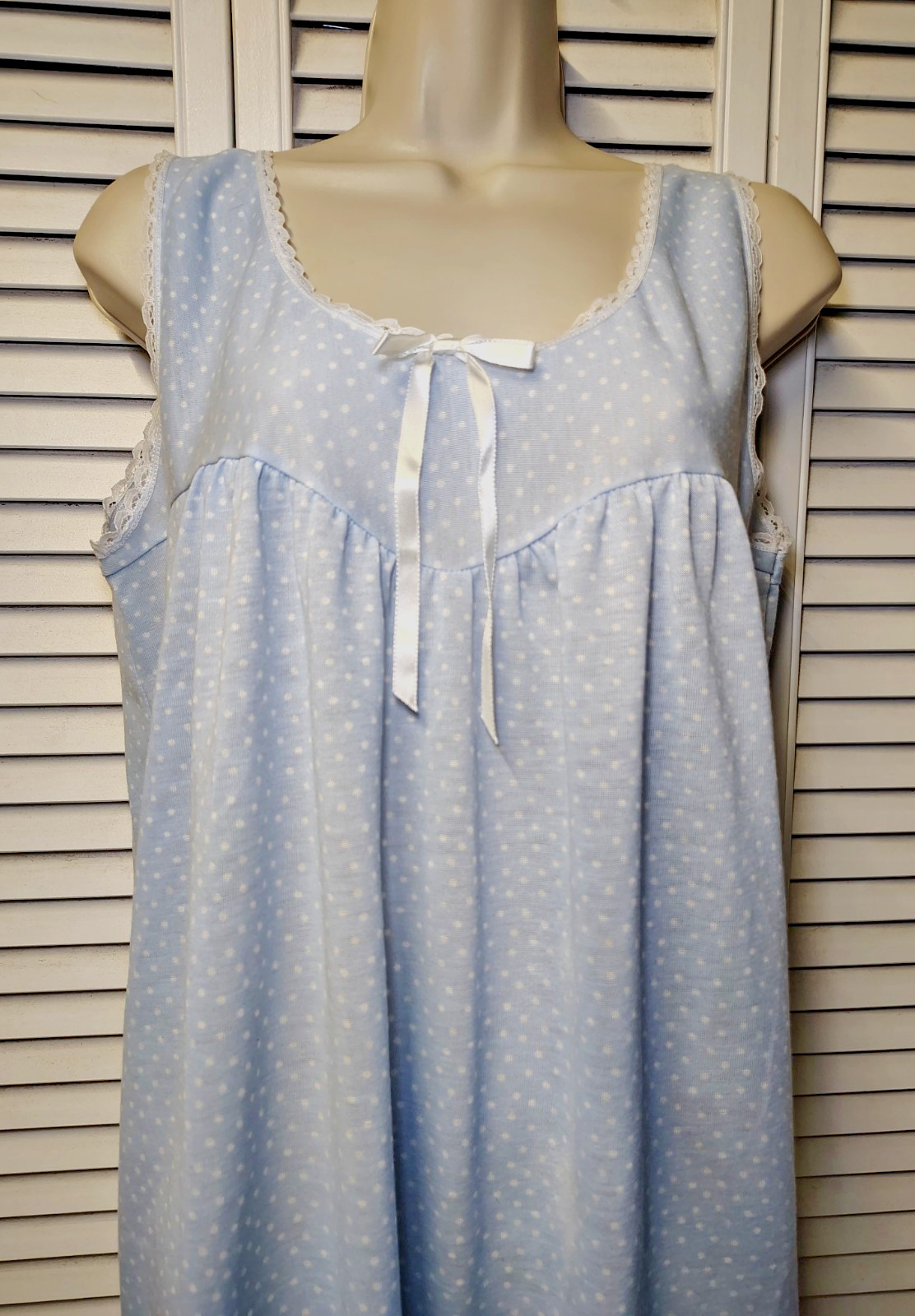 Vintage Nice N Easy Nightgown Women’s L NWT Blue White Polka Dot Lace Trim USA