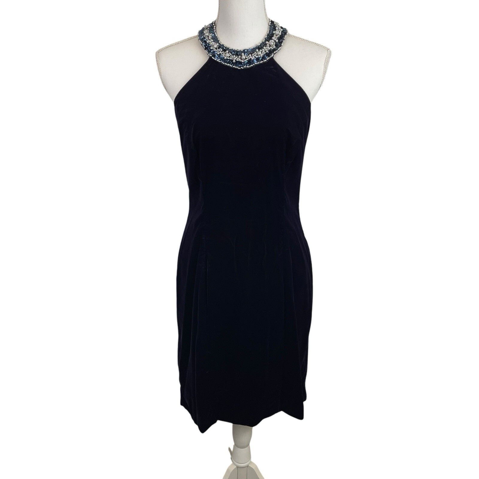 Niki Originals Size 10 Navy Velvet Sequin Beaded Halter Neck Dress 90’s Y2K VTG