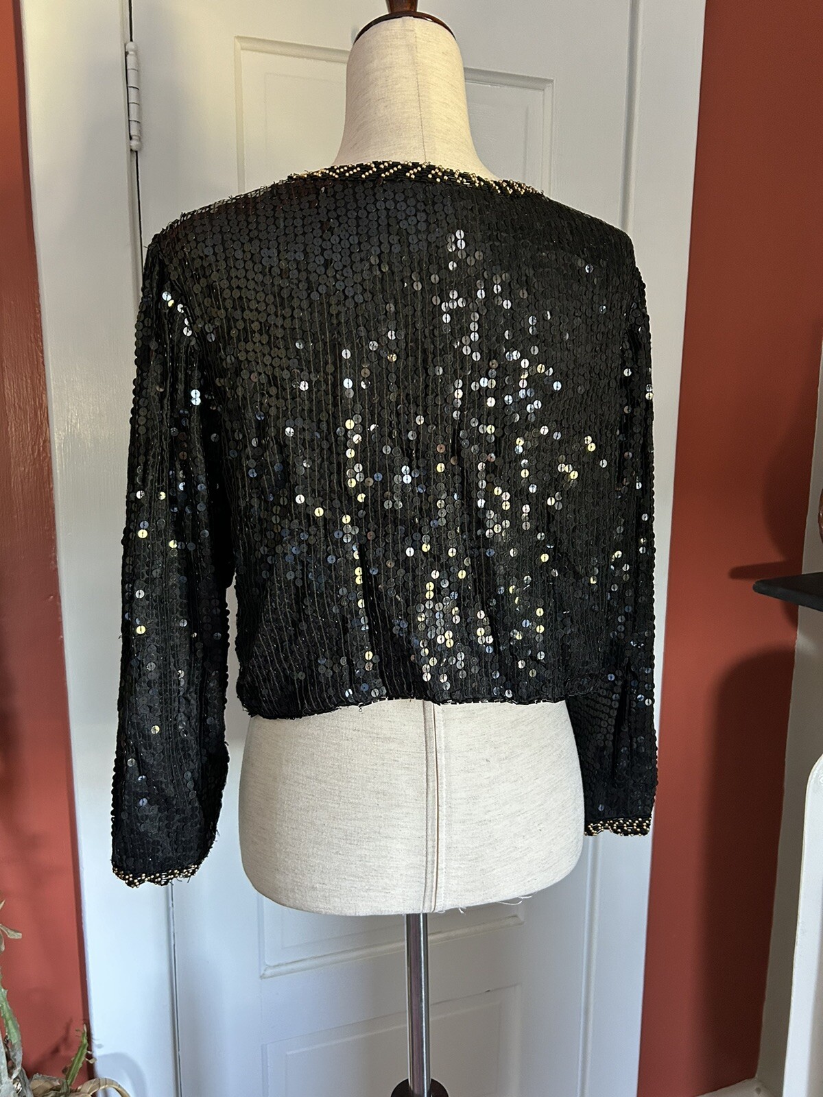 80s Beaded Sequin Black Gold Disco Party Funky Cropped Cardigan Sweater