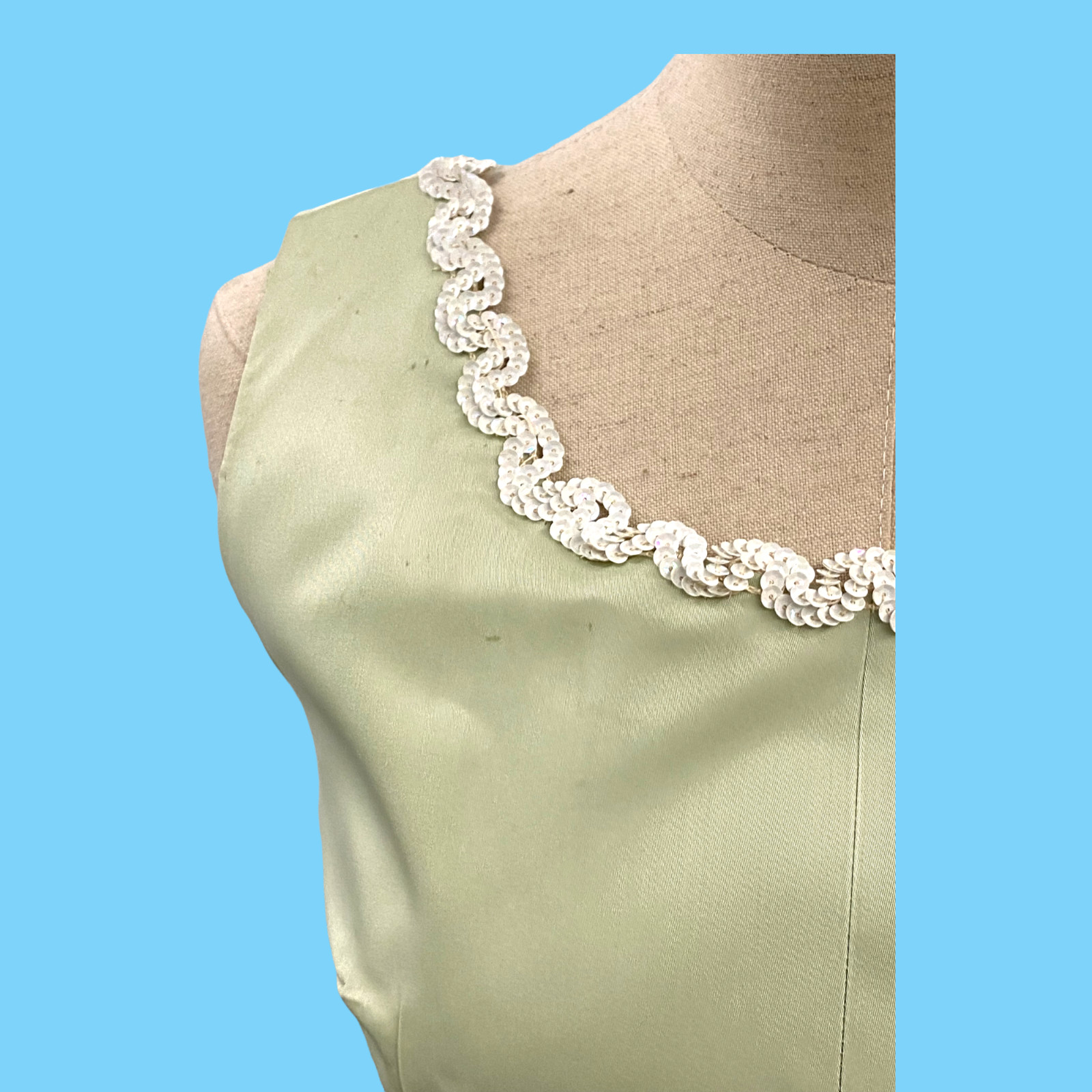 Vintage 1960s Pale Green Maxi Gown W/ Whitge Sequins Small