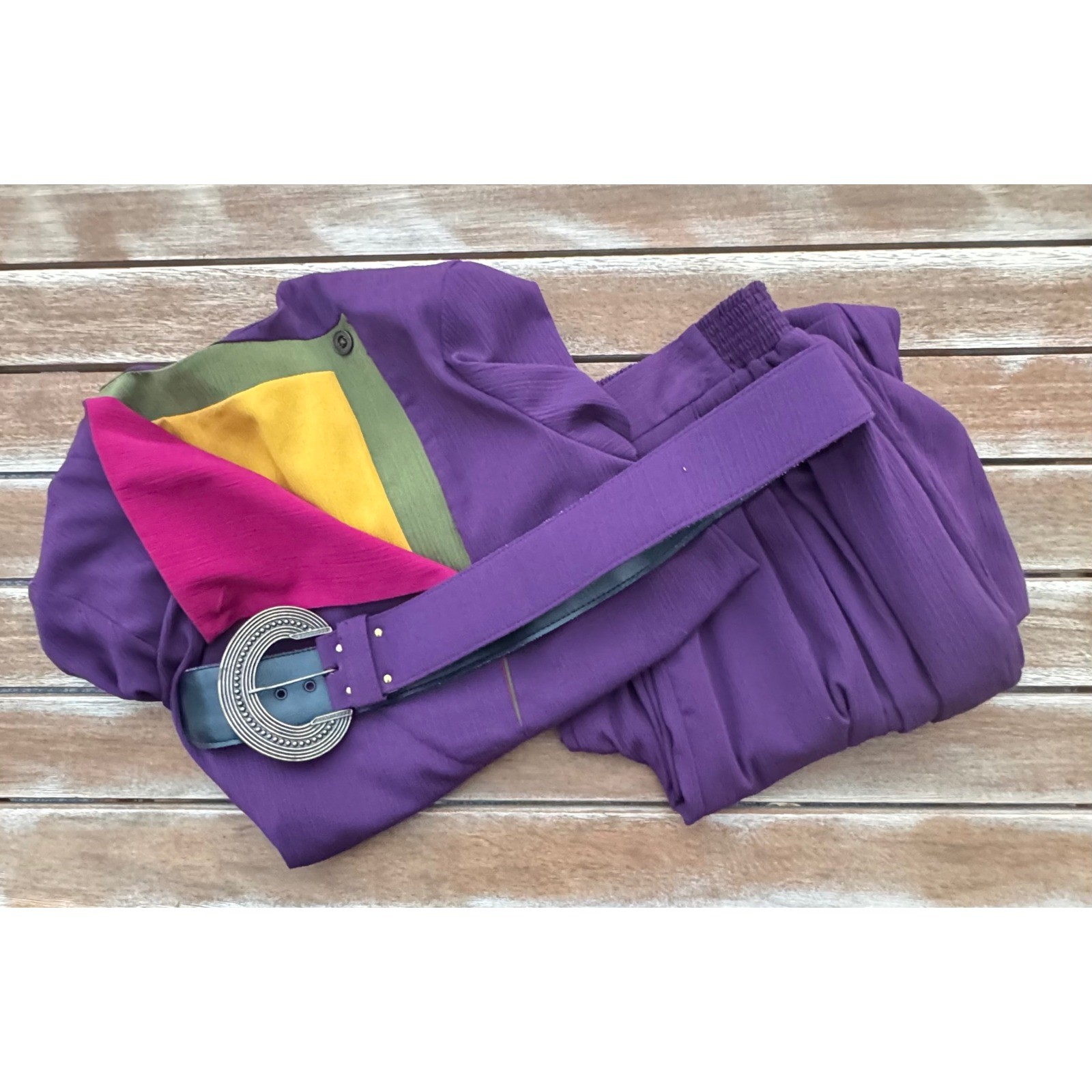 Vintage F/stop Purple Color Block Pant Set 80s 90s Shoulder Pads Small 2 Piece