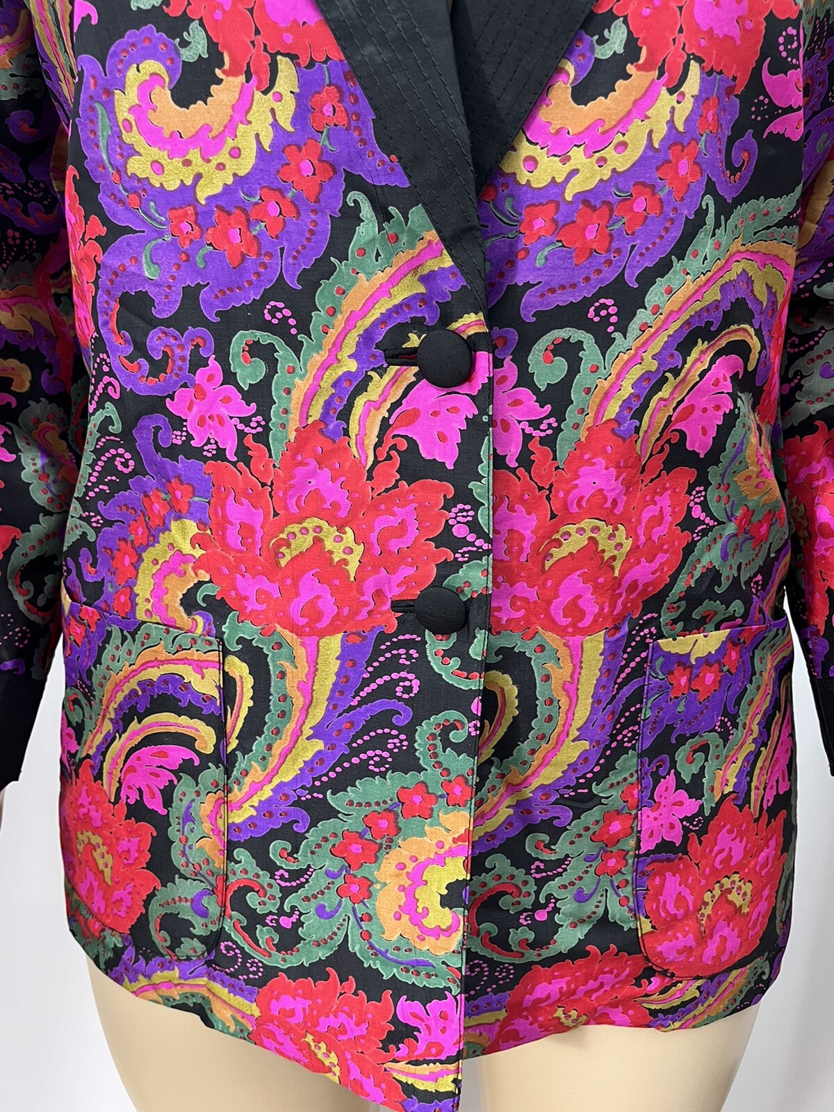 Vintage 80s Thai Silk Multicolor Paisley Womens Jacket Split Sleeve Pockets 12