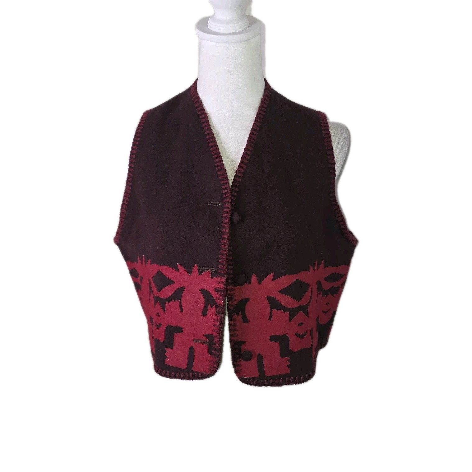 Vintage Romeo Gigli Wool Vest Burgundy Red Abstract Appliqué Made in Italy
