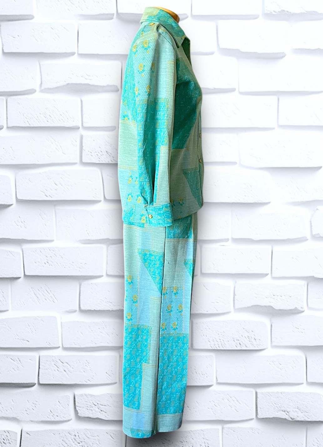 1960’s Teal, Sea Foam Green & Yellow Patchwork & Monogram Pattern Suit Spring