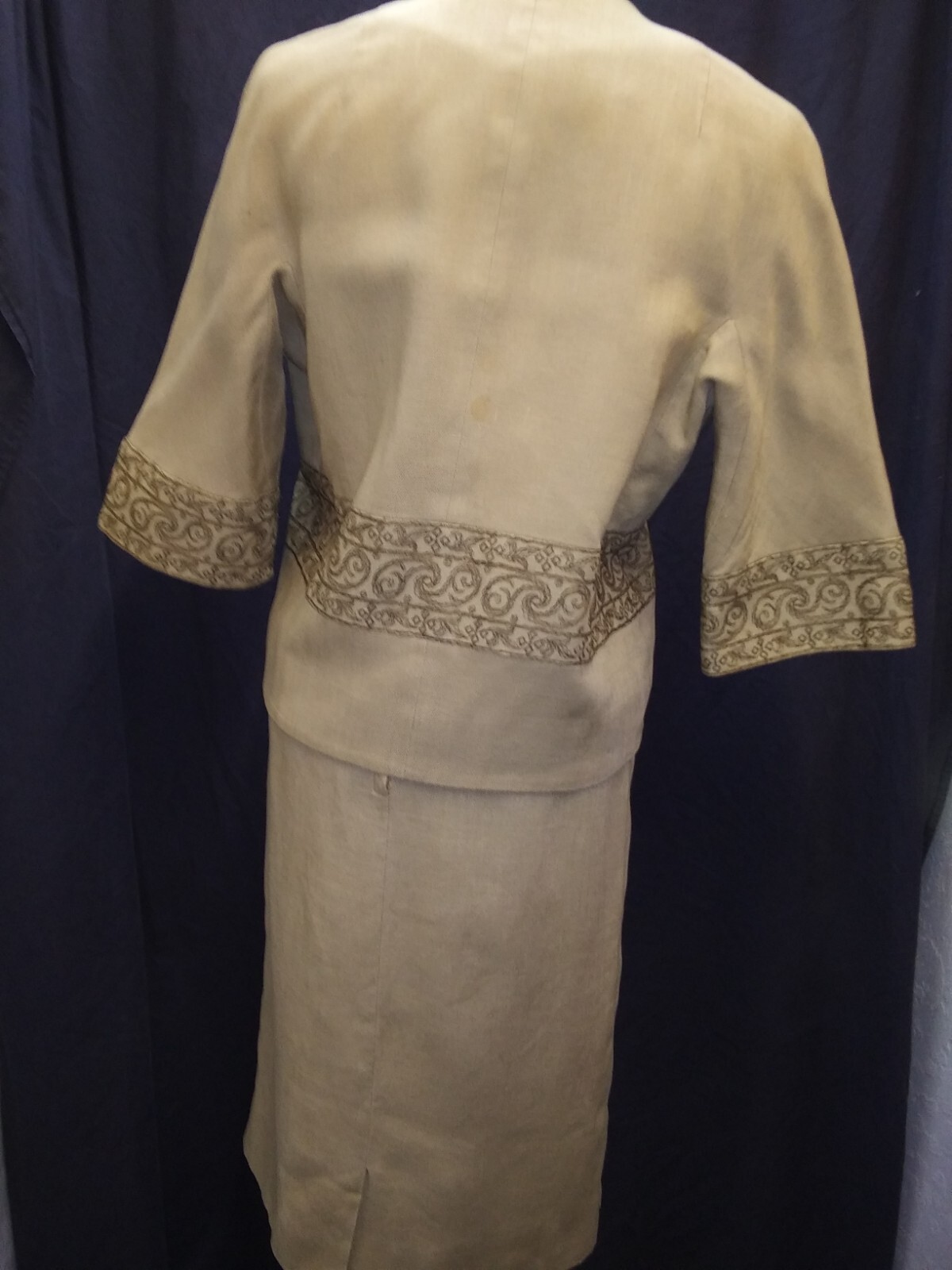 Vintage 1950’s Tan Linen Brown Embroidery Dress & Jacket Carlyle Moygashel S