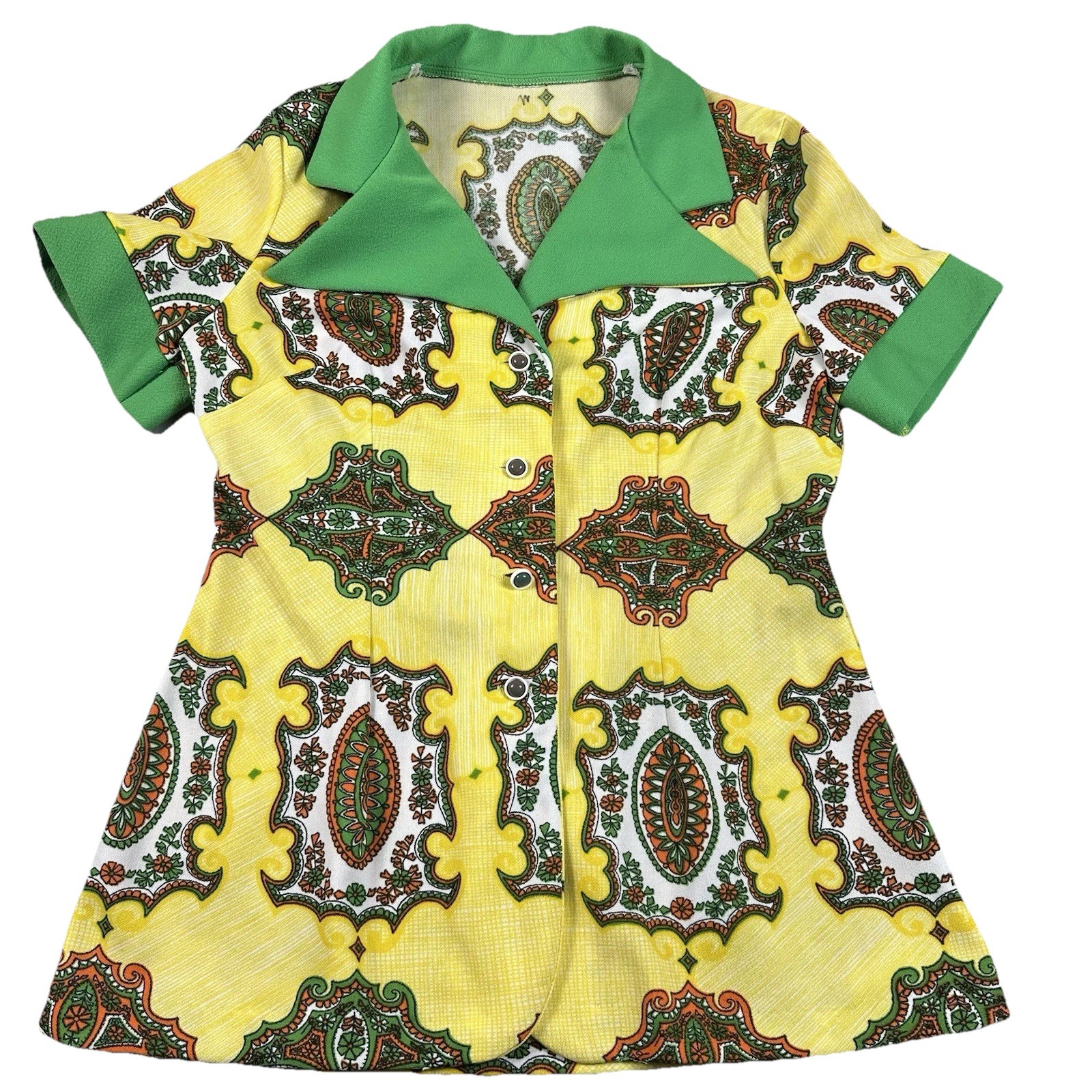 Vintage 1970s Women’s Top Button Front Blouse Yellow Green Groovy Large
