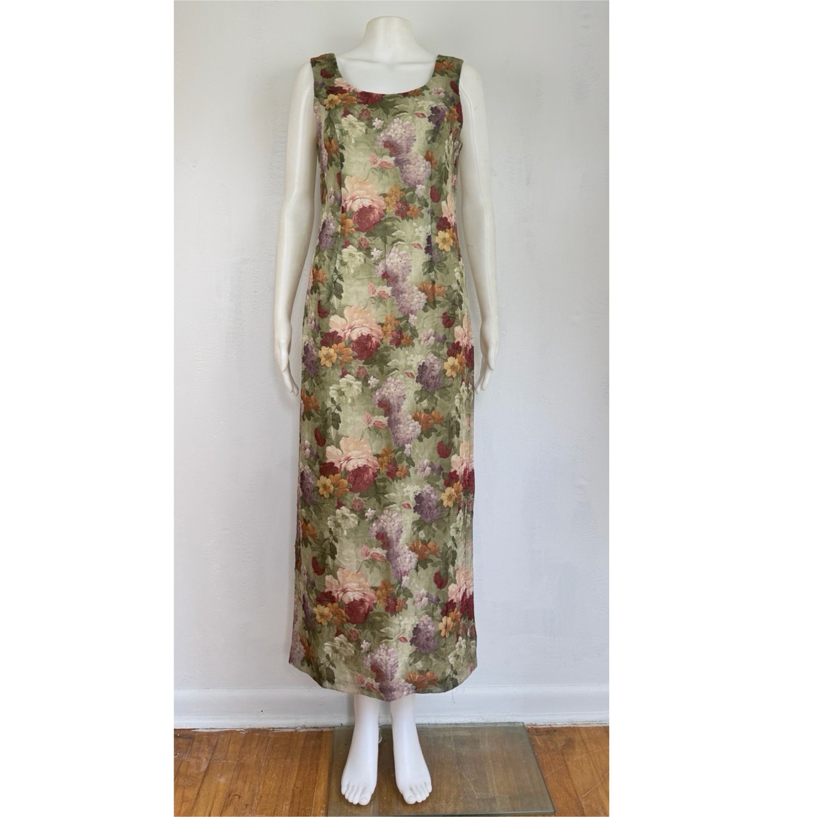 Vintage Floral Print Maxi Dress Size Small Sleeveless Crinkled Botanical Garden