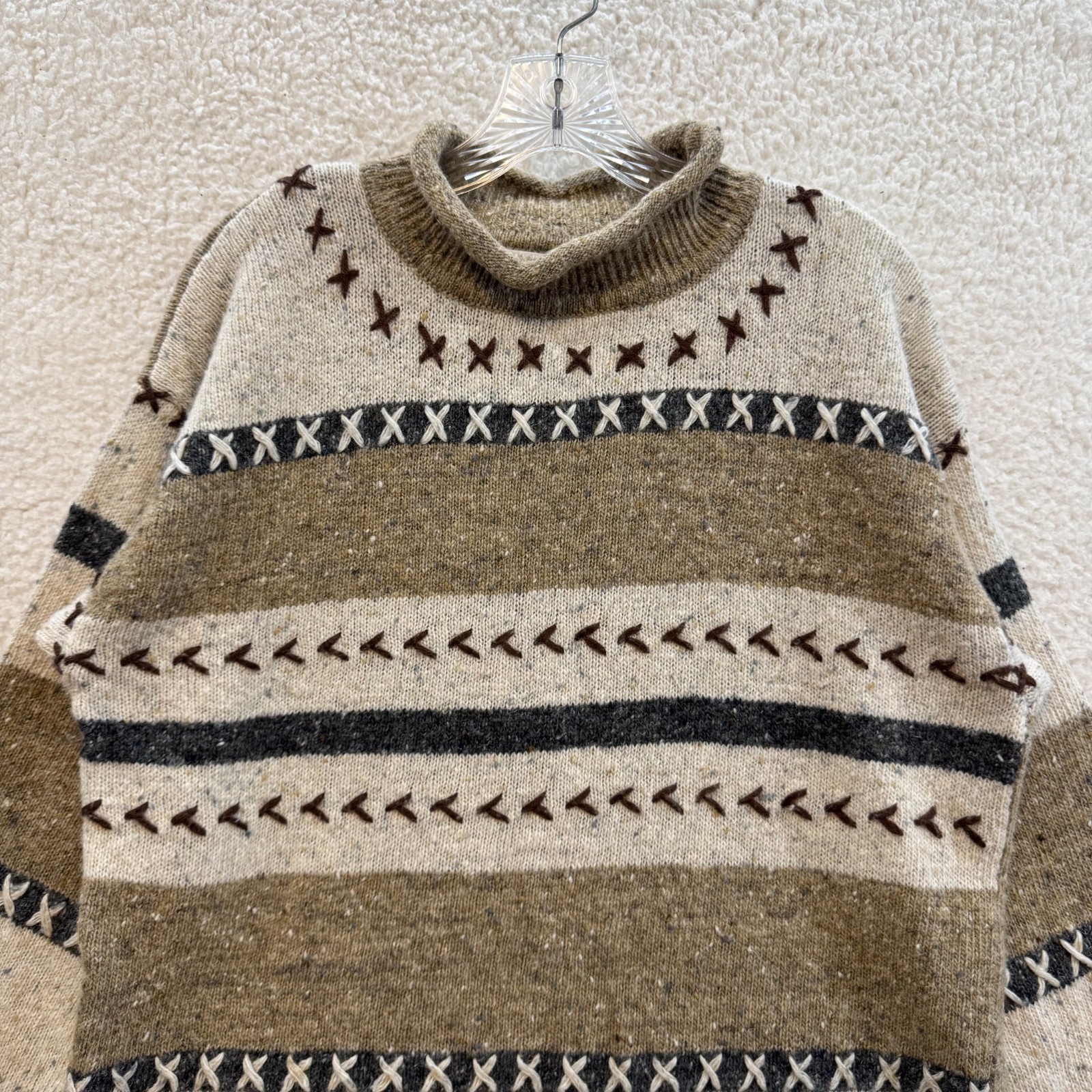 Vintage Sweater Petite Large Tan Turtleneck Rolled Mock Neck Fringe Southwestern
