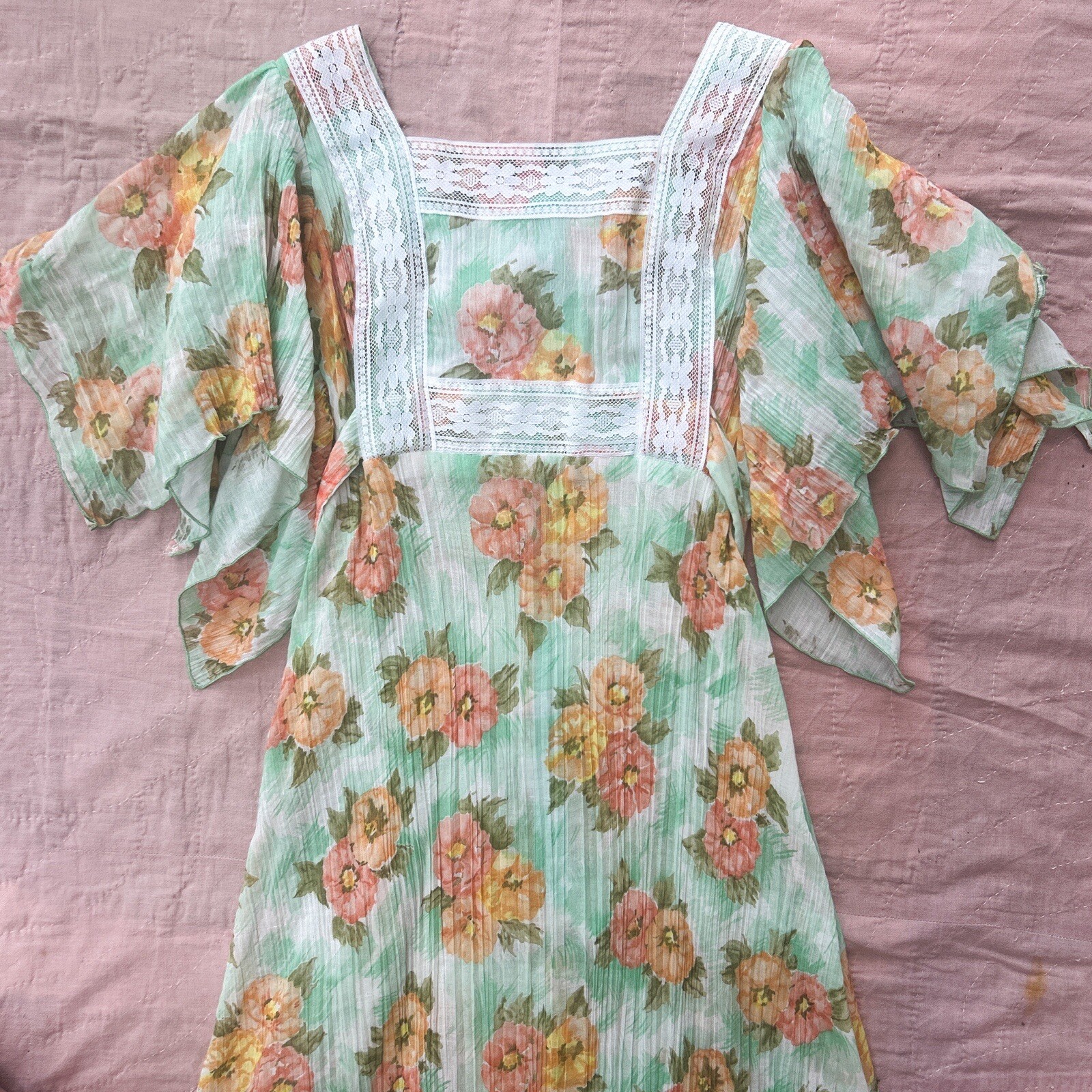 Vintage 70s Terri Rose Sheer Prarie Maxi Dress Gunne Sax Cotton Beautiful 29×55