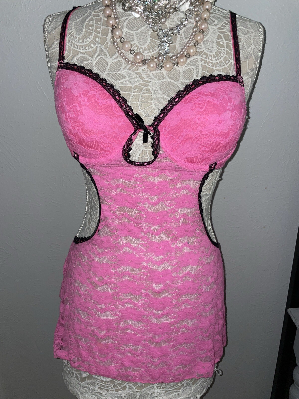 Pink Maid Womans L NIGHTIE LINGERIE Push Up Bra Open Sides Skirted Lace Cosplay