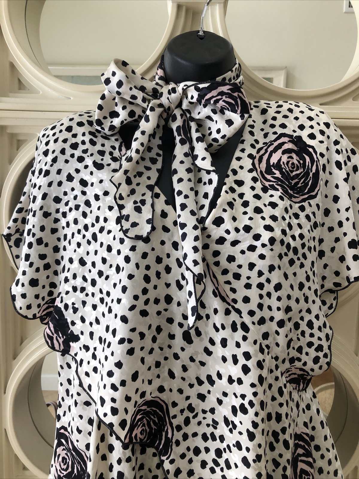 Holly Harp vintage 80s tiered floral & polk dot dress with pussy bow neck sash S