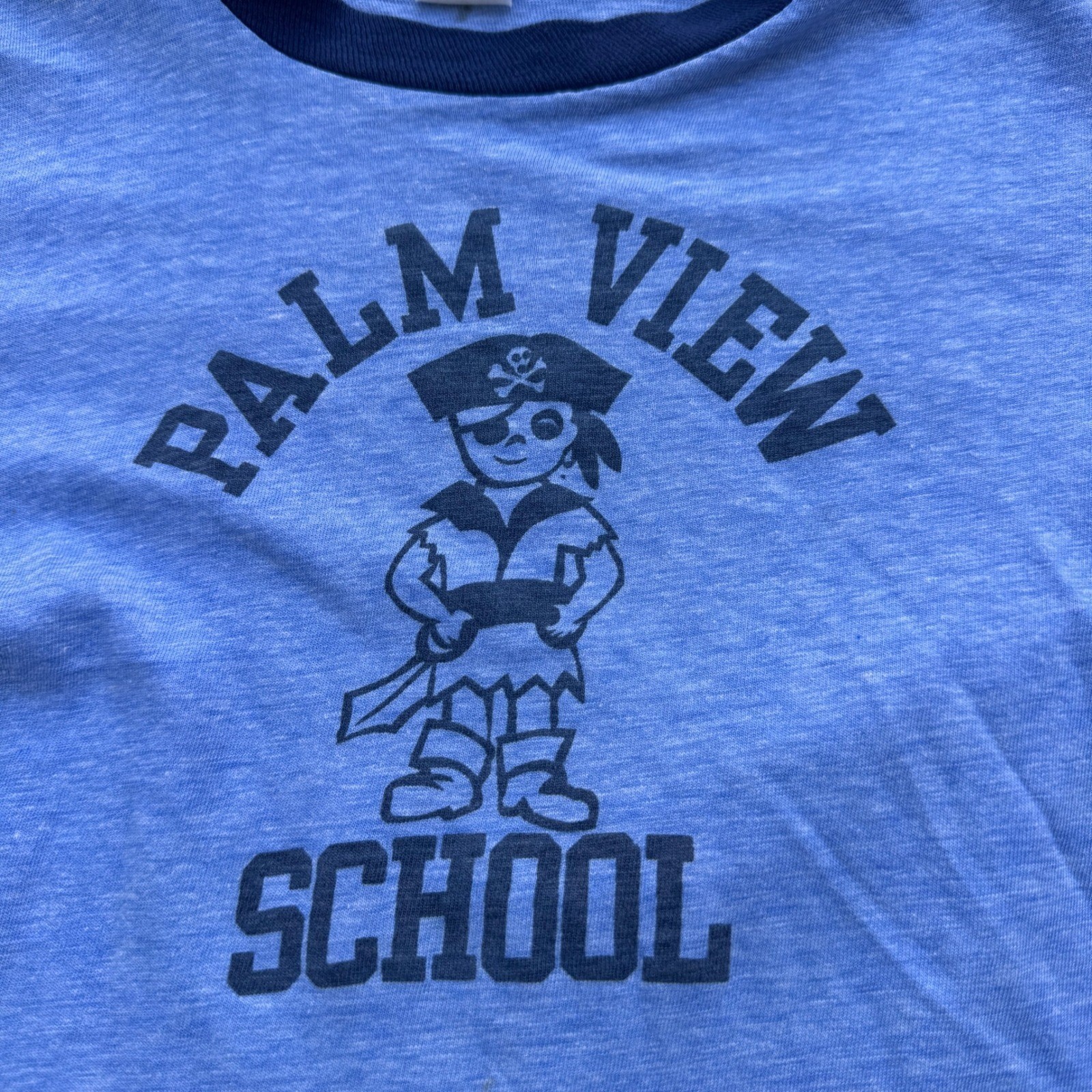 Vintage 70s Palm View School Pirate Ringer Baby T Shirt Heather Blue Navy