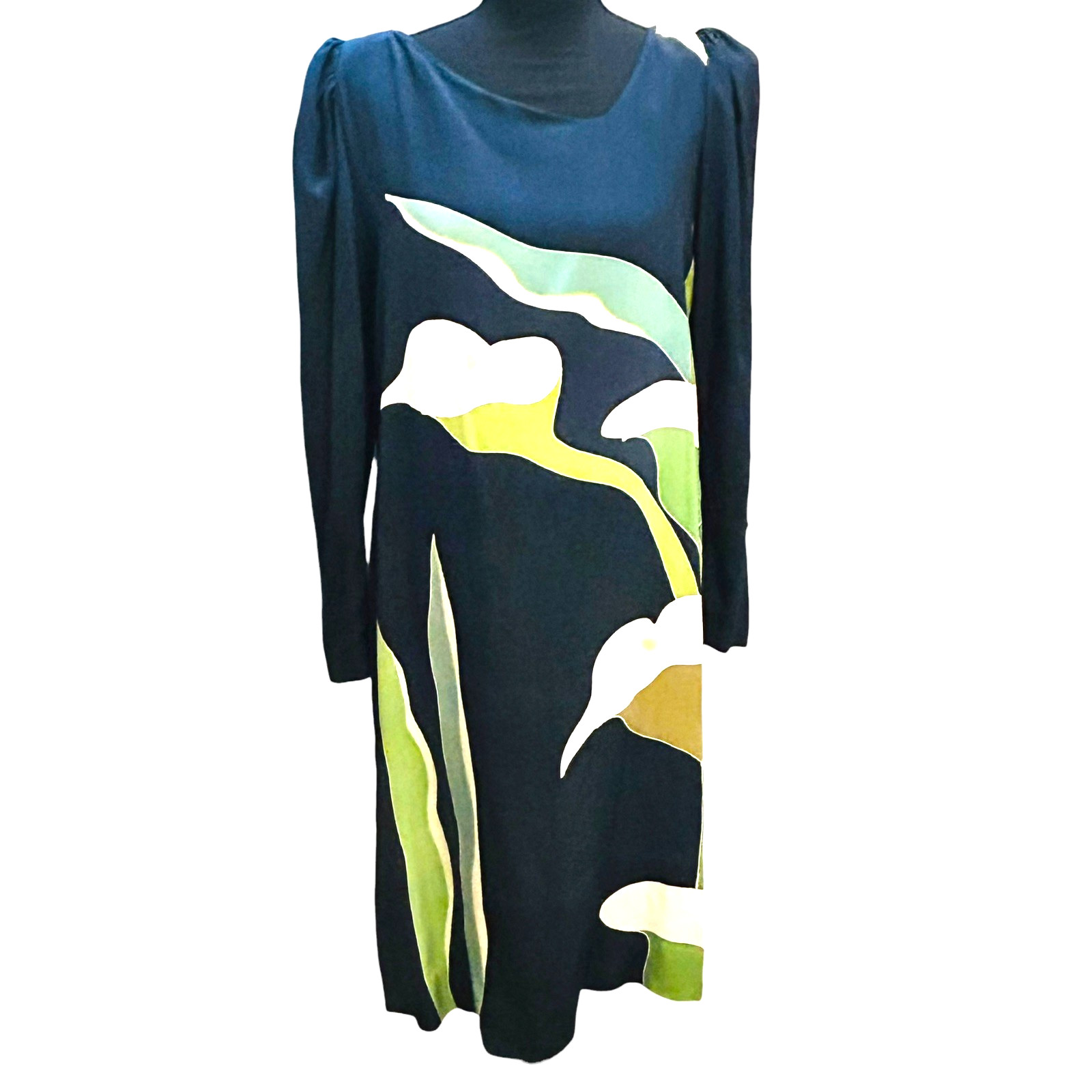 Vintage Navy Calla Lily Dress 1980s Puff Sleeves Size Small Shift Sutherland
