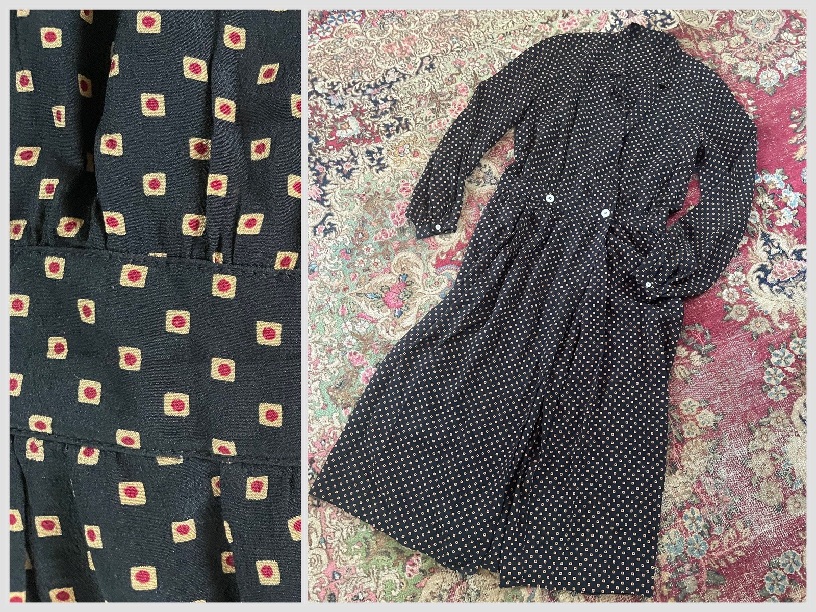 Vintage ‘80s Preppy Silk Foulard Print Dress Black Red S/M