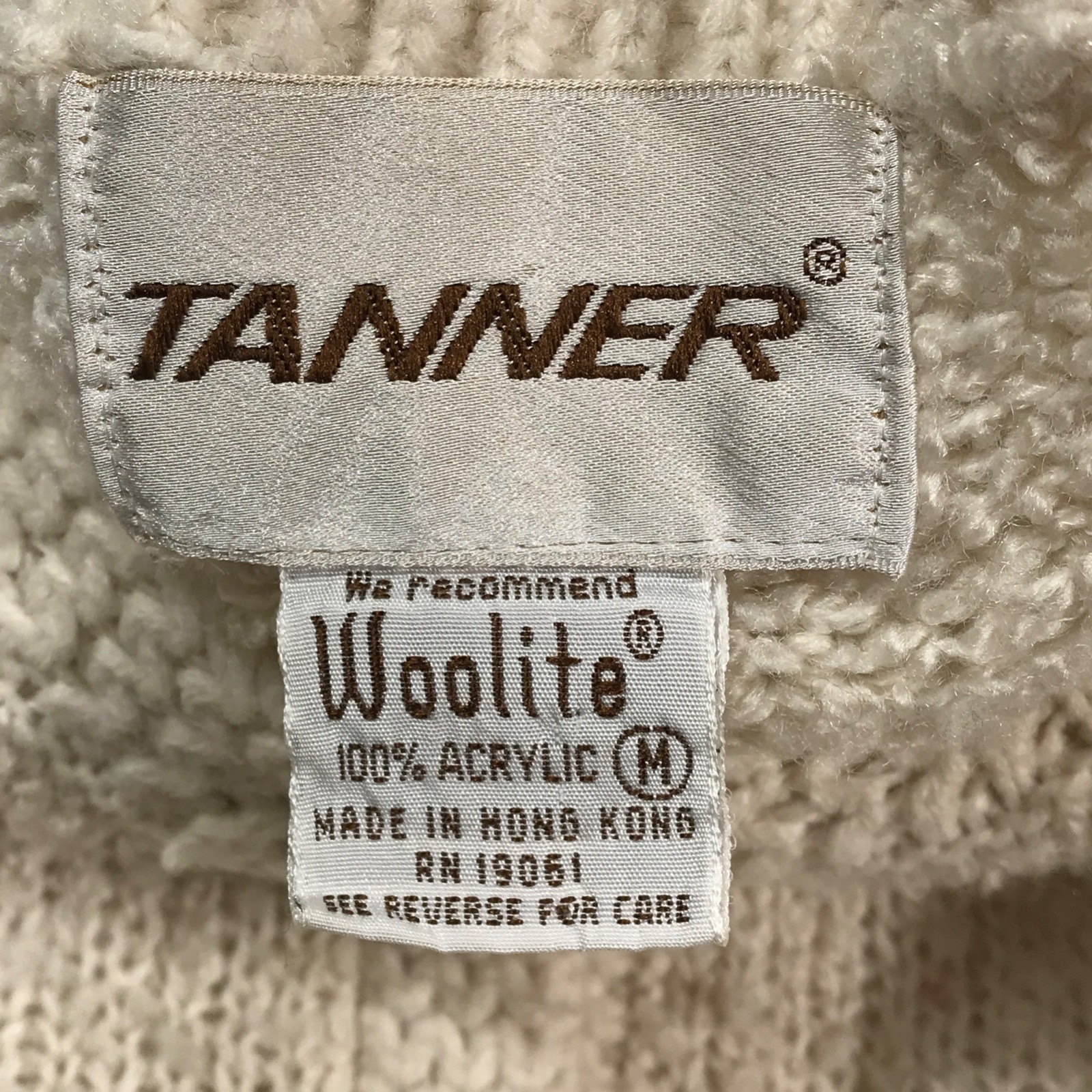 Vintage 80s Granny Sweater Women M Beige Tanner Acrylic Cardigan 4 Pockets Ugly