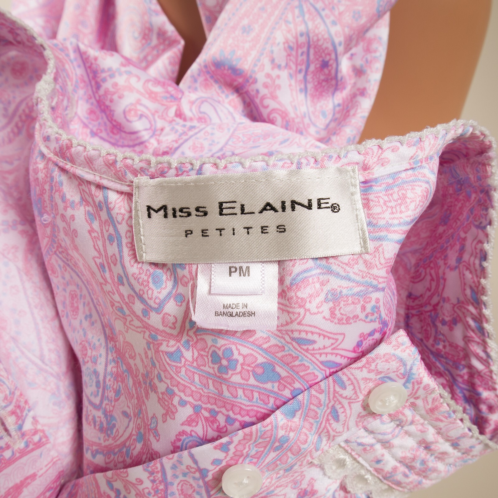 💖 MISS ELAINE Petites Pink Satin Nightgown Paisley Long Sleeve PM