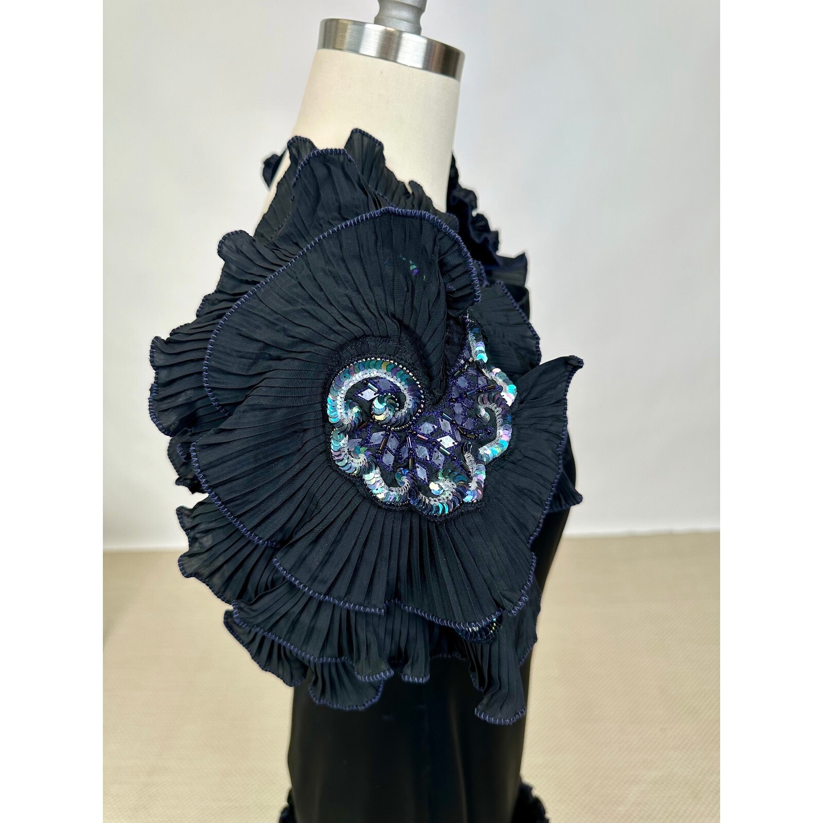 Vintage 1980s Designer Zandra Rhodes Black Dress with Elaborate Ruffle Details