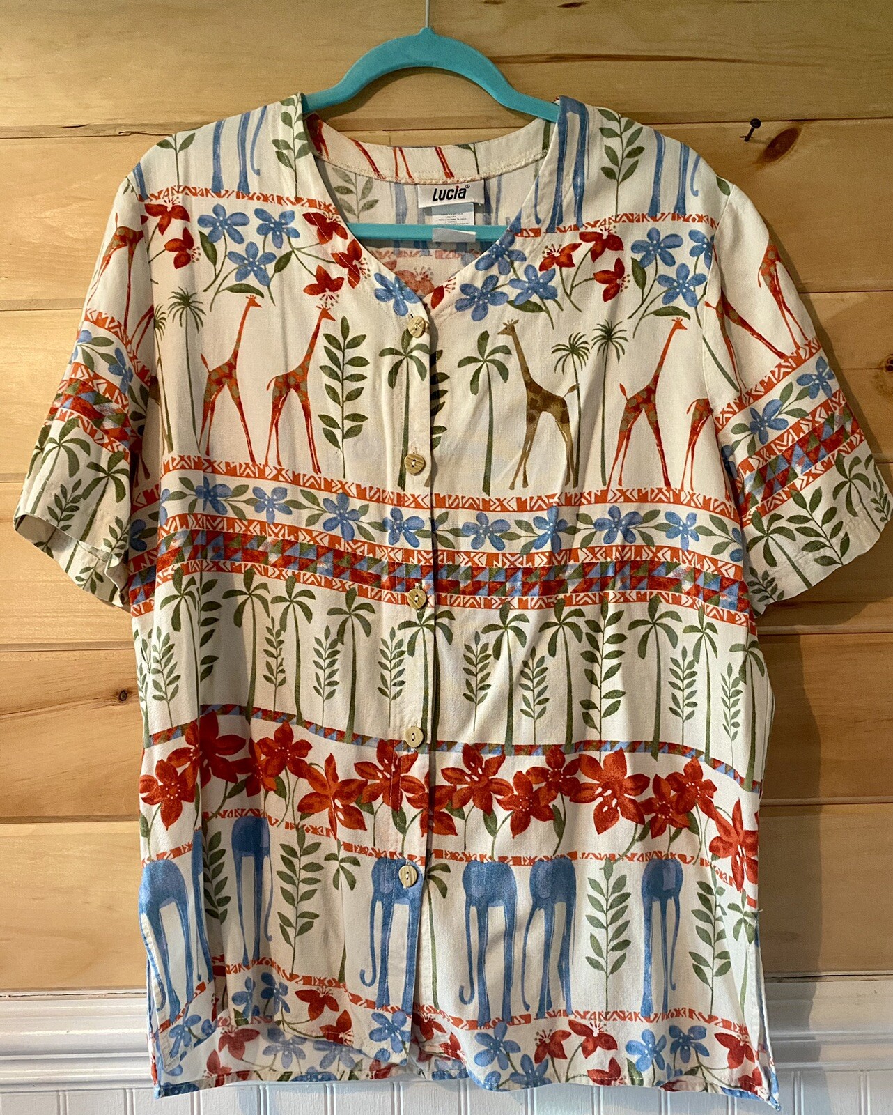 Vtg 80’s Lucia giraffe/elephant/floral print button up 14
