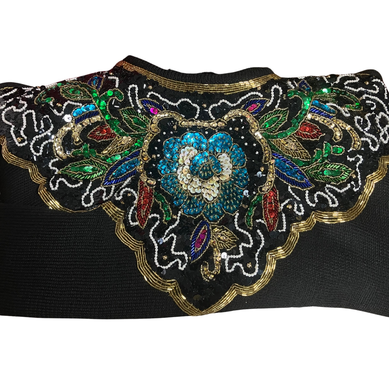 Vintage 80s Heavily Beaded Sequin Sweater. M/L. Black, Colorful, Gold Maximalism