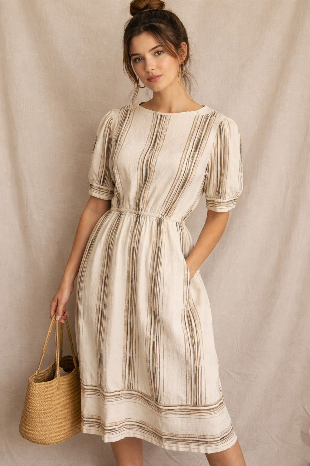 ✨ Vintage Marinette Textured Brown Stripe Dress – Size 12 ✨80’s 70’s