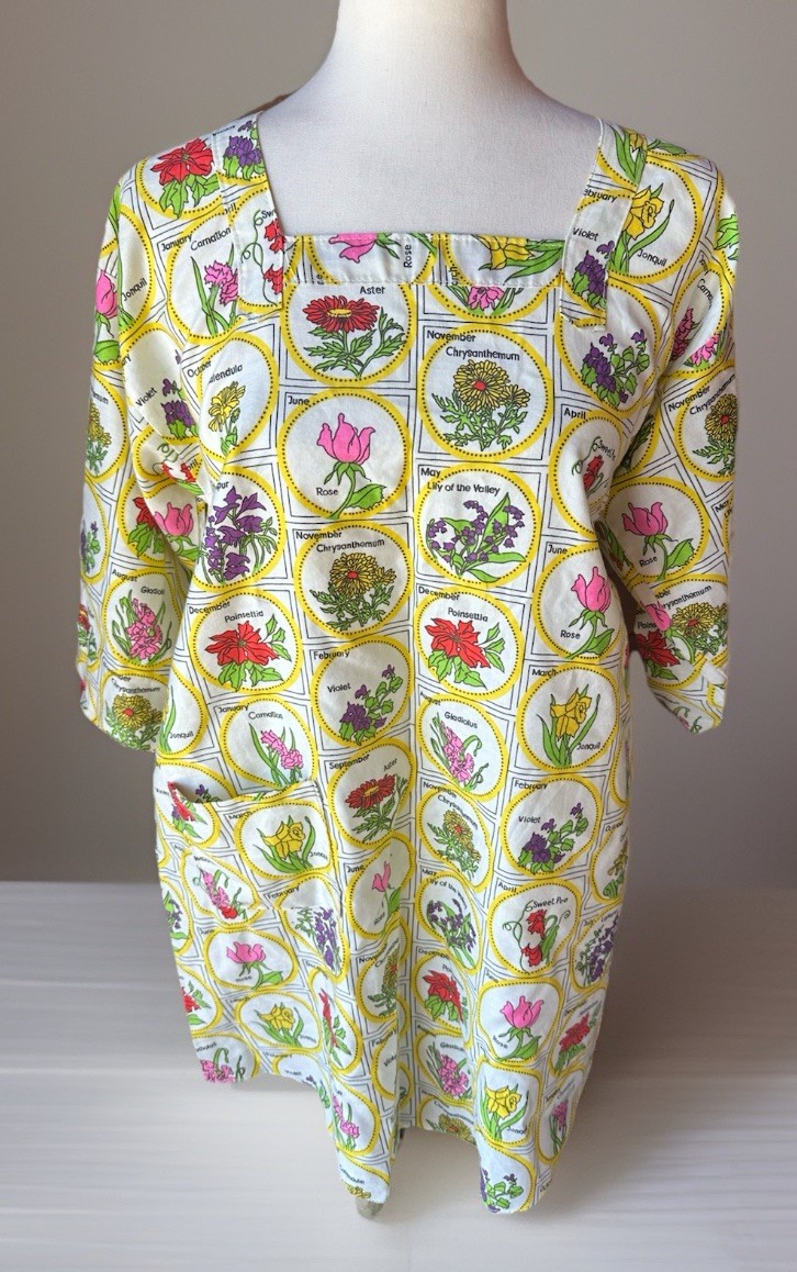 Vtg Design House Japan 70s Mod Artist Smock Apron Hippie Seed Packets Print