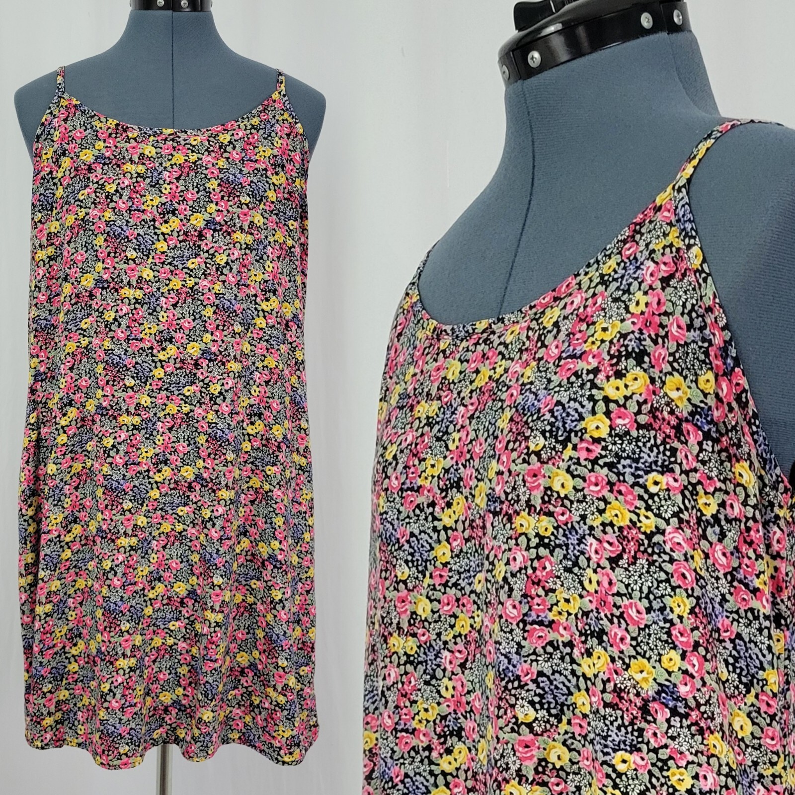 Vintage Avocado Black/Pink/Yellow/Purple Floral Grunge Slip Dress Size Large