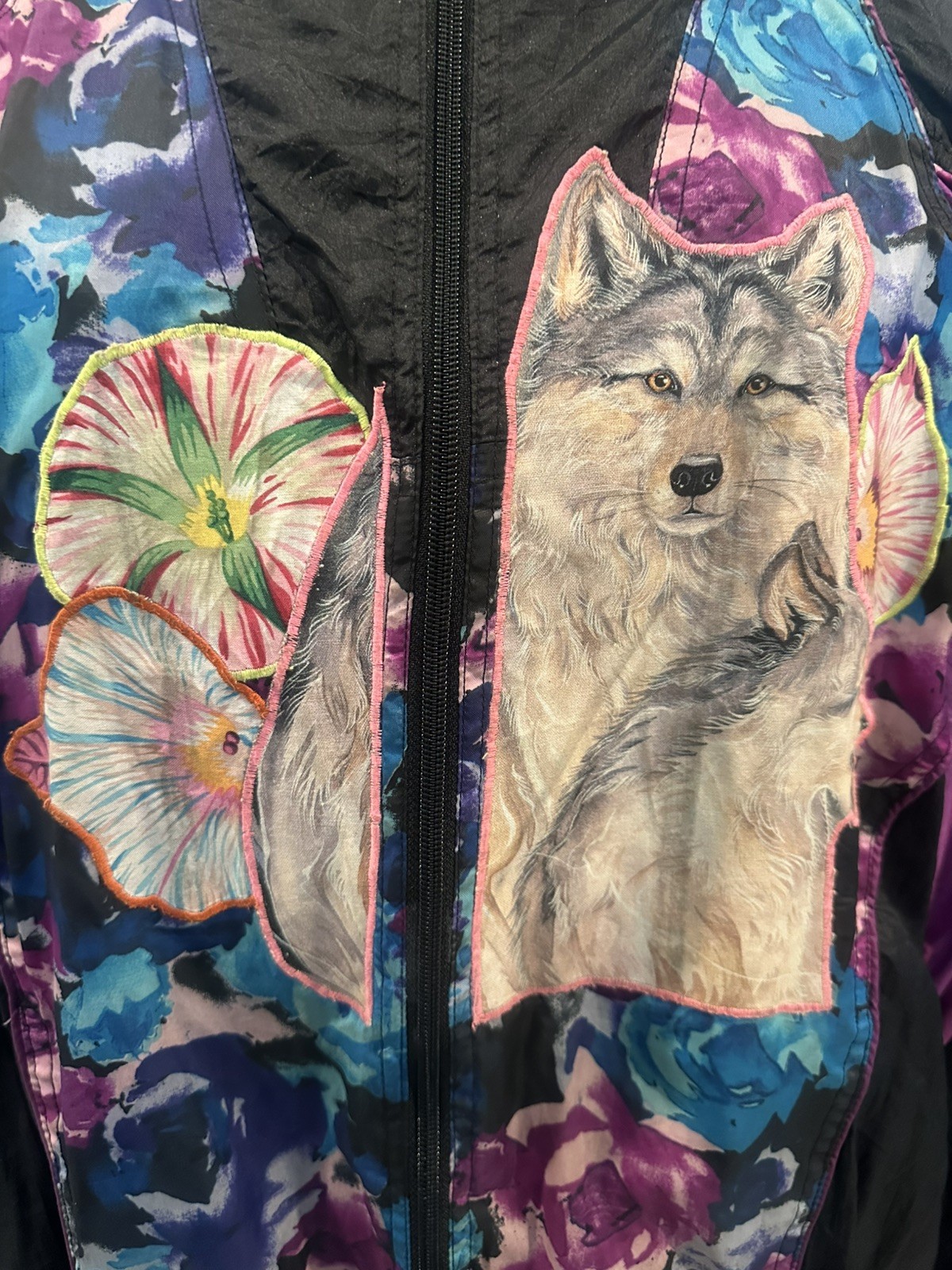 Custom Basic Editions L Windbreaker Jacket Coat Black Floral Purple DIY VTG