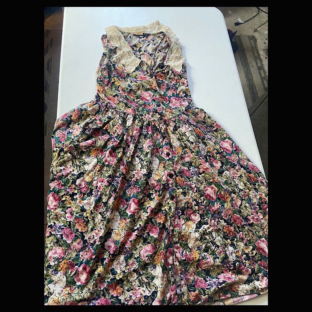 PHOOL 70s Vintage Lace Collar Floral Button Down Sleeveless Dress Size L