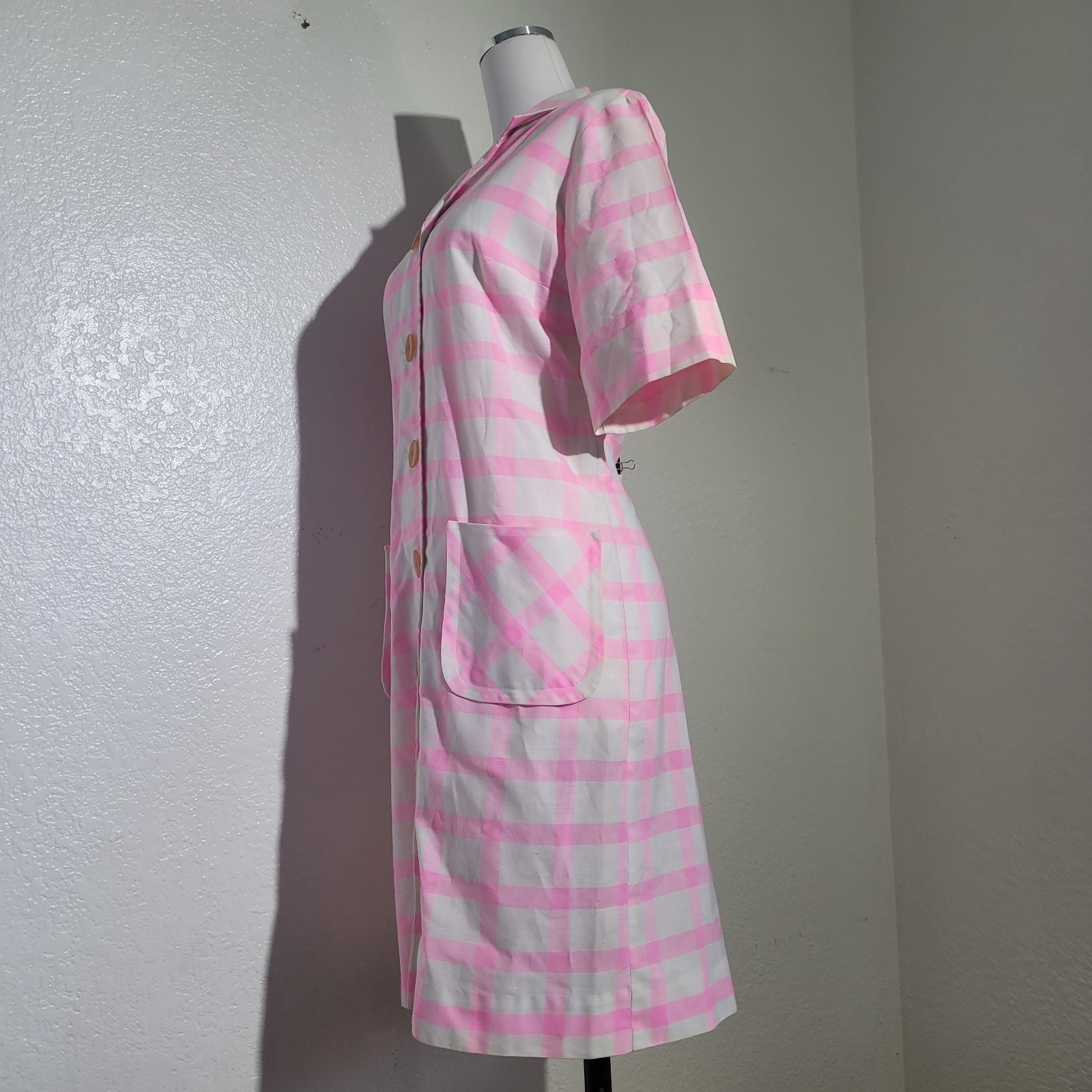 Vintage Stockton Pink Yvory Shirt Dress Gingham Button Up Front Pockets. No Size