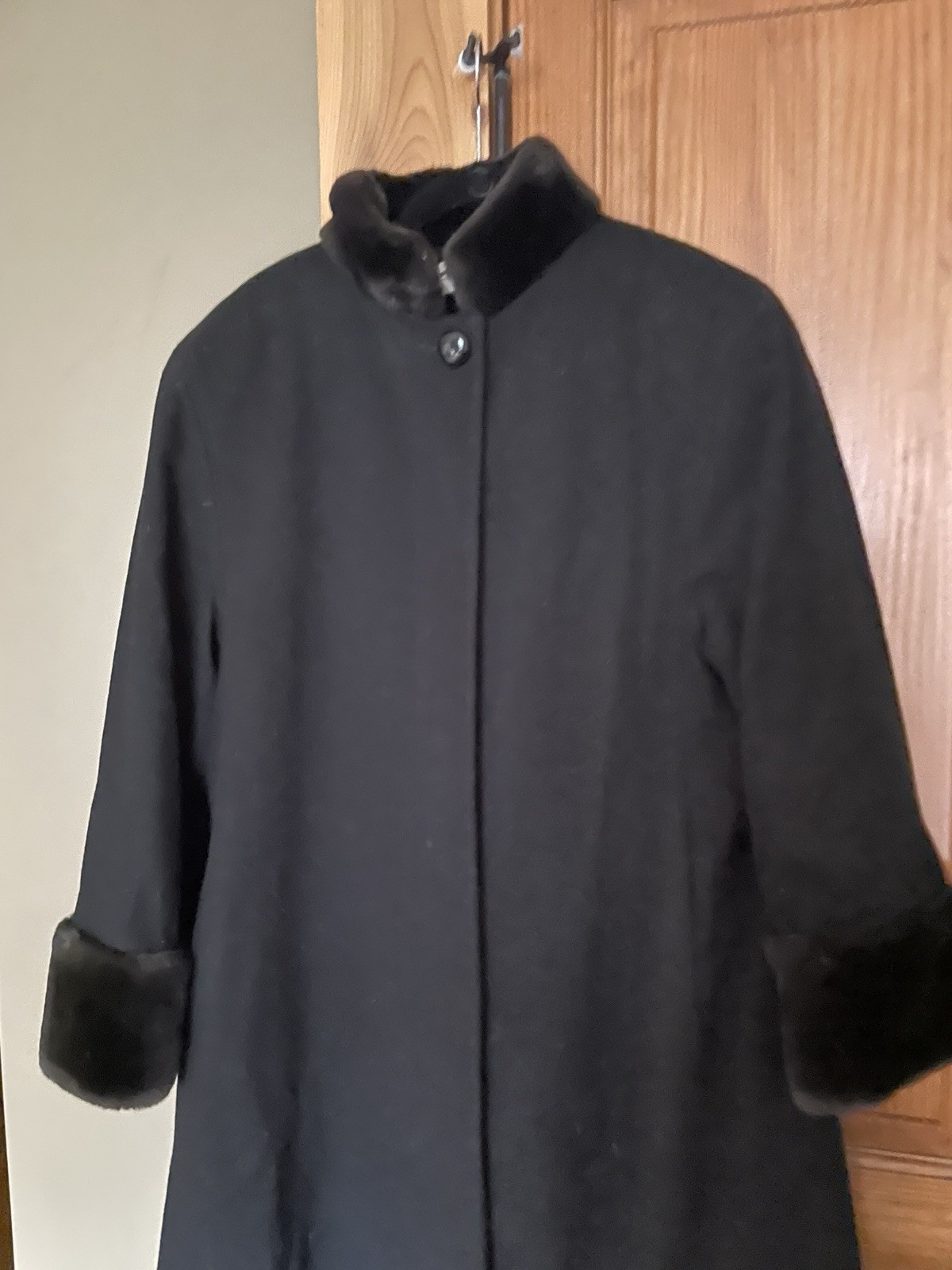 Vintage Black Wool Duster Coat With Faux Fur Collar And Cuffs
