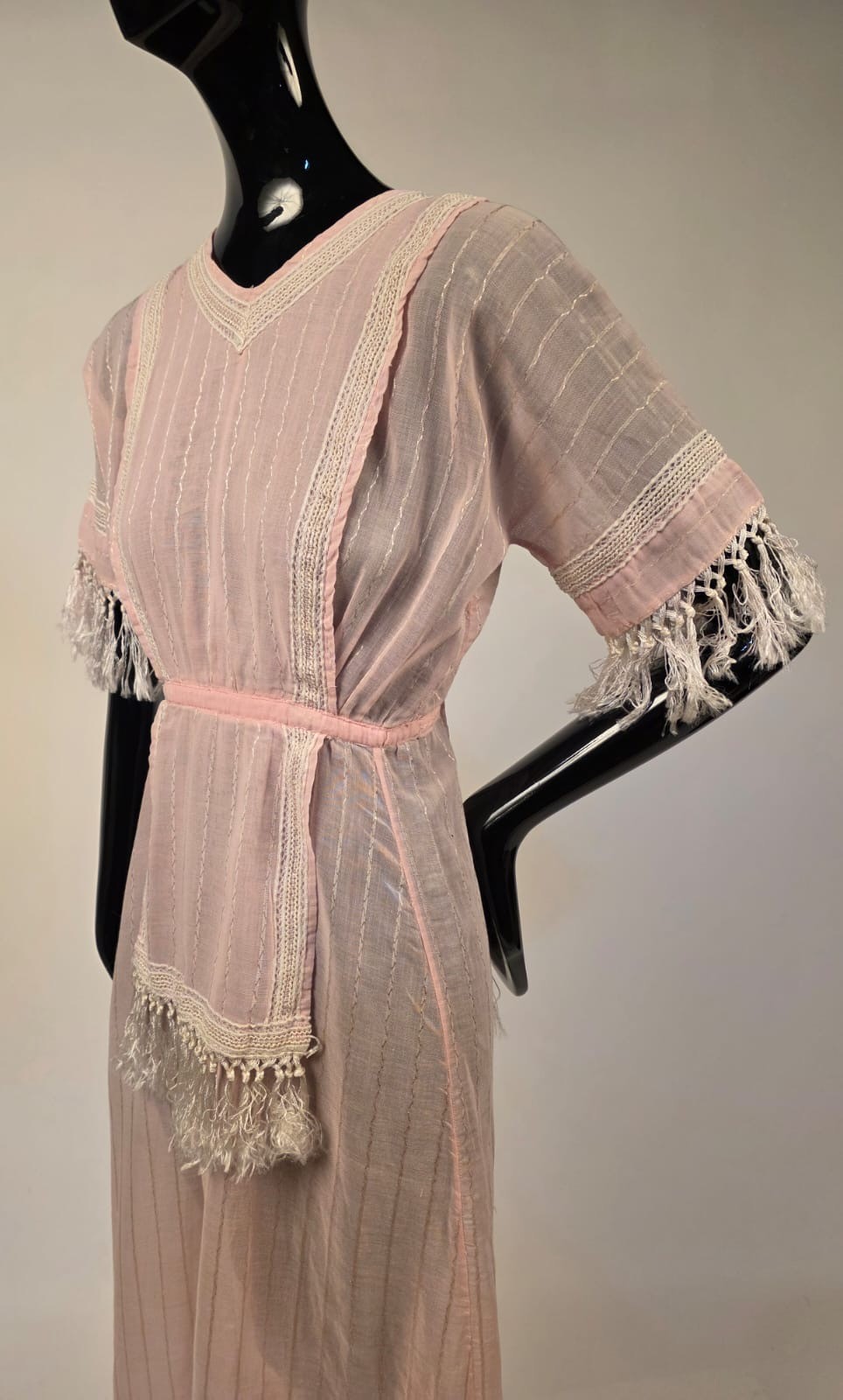 EDWARDIAN PALE PINK STRIPED MUSLIN DRESS W SILK TASSEL FRINGE TRIM